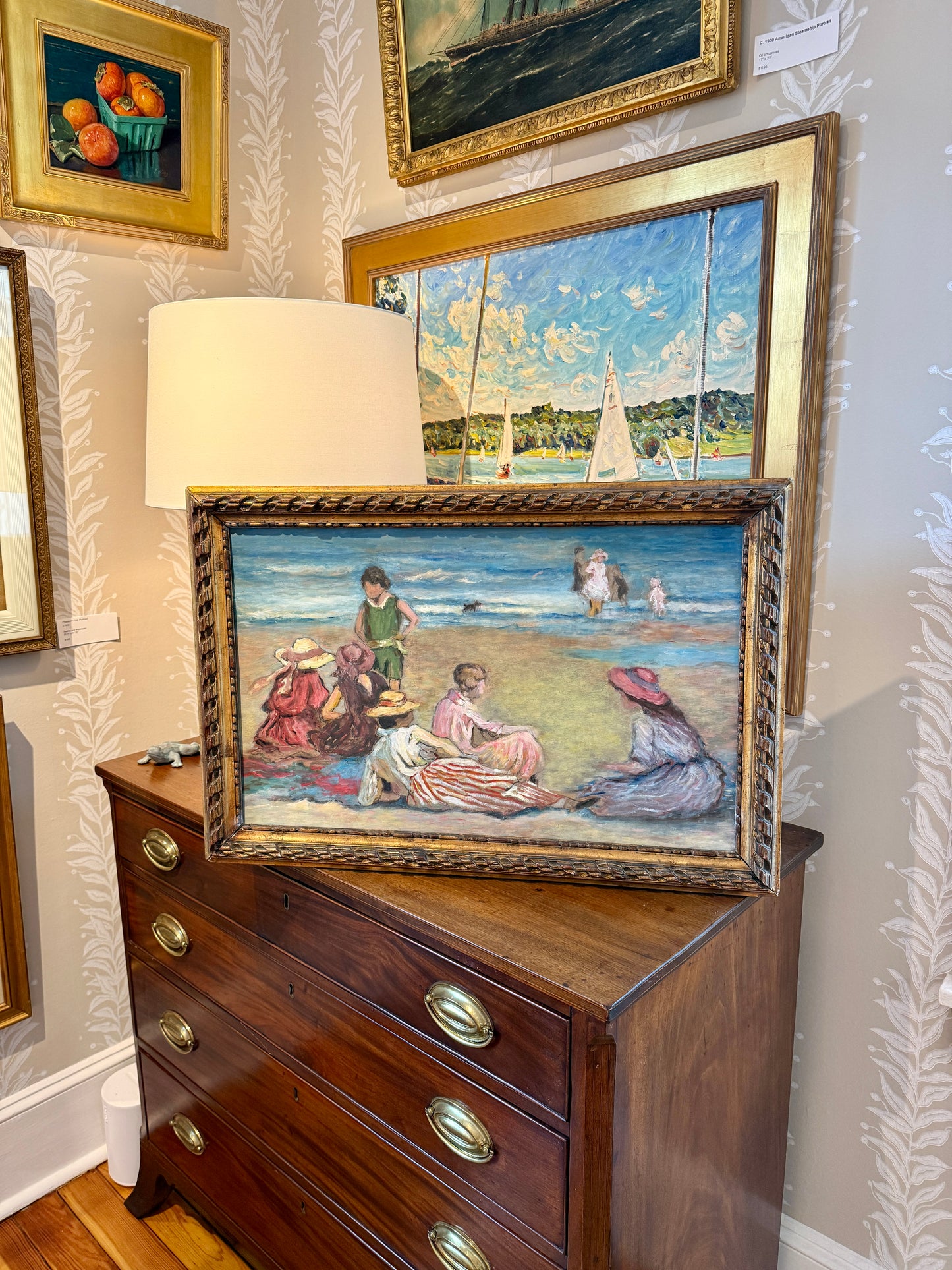 After Edward Henry Potthast Manhattan Beach Oil Painting in Ornate Gold Frame