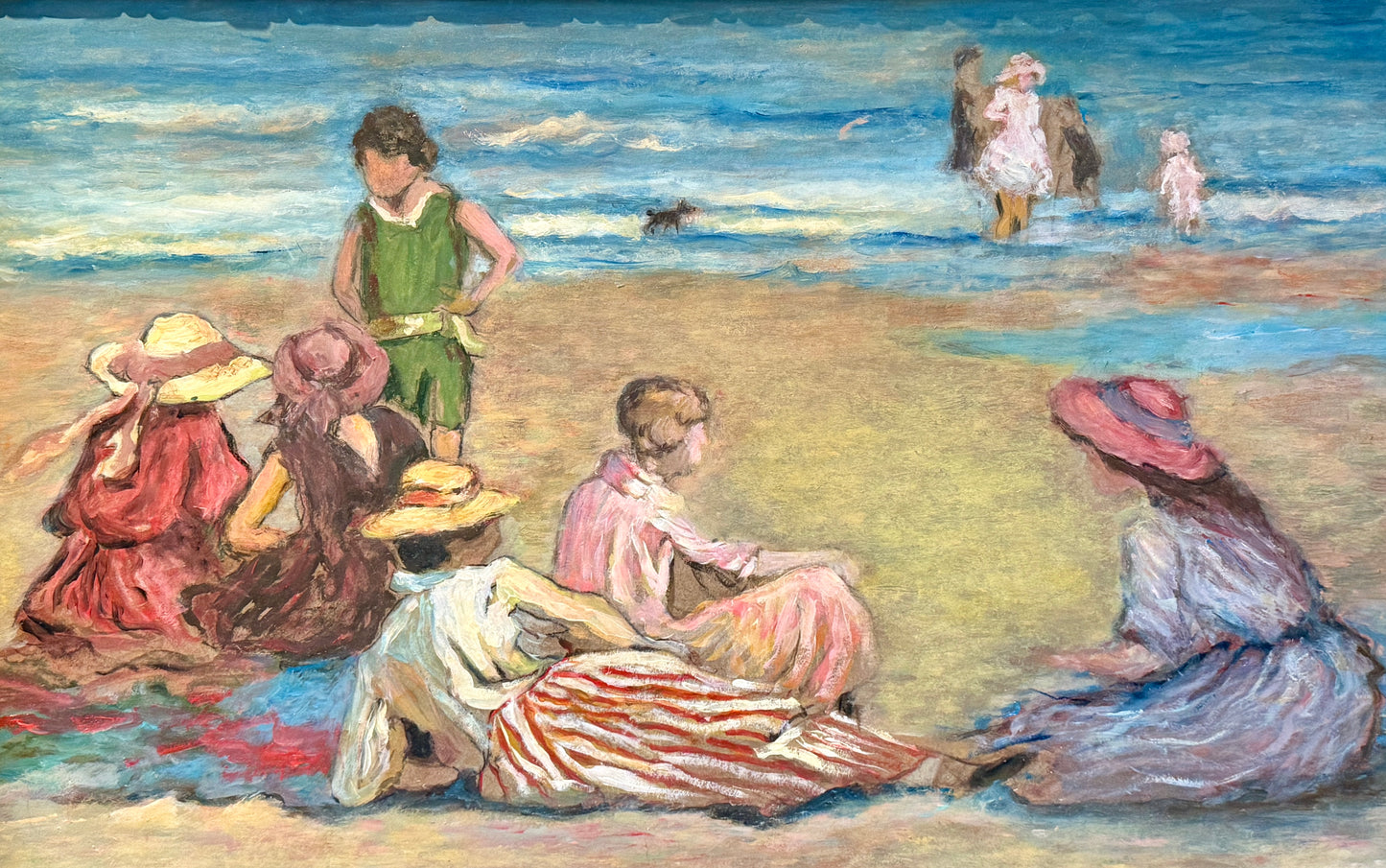 After Edward Henry Potthast Manhattan Beach Oil Painting in Ornate Gold Frame