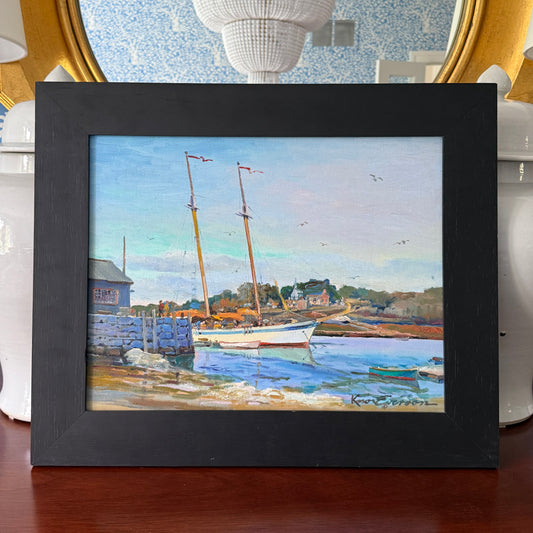 Knox Everson A Little South of Camden Golden Hour Harborscape Oil Painting in Black Frame