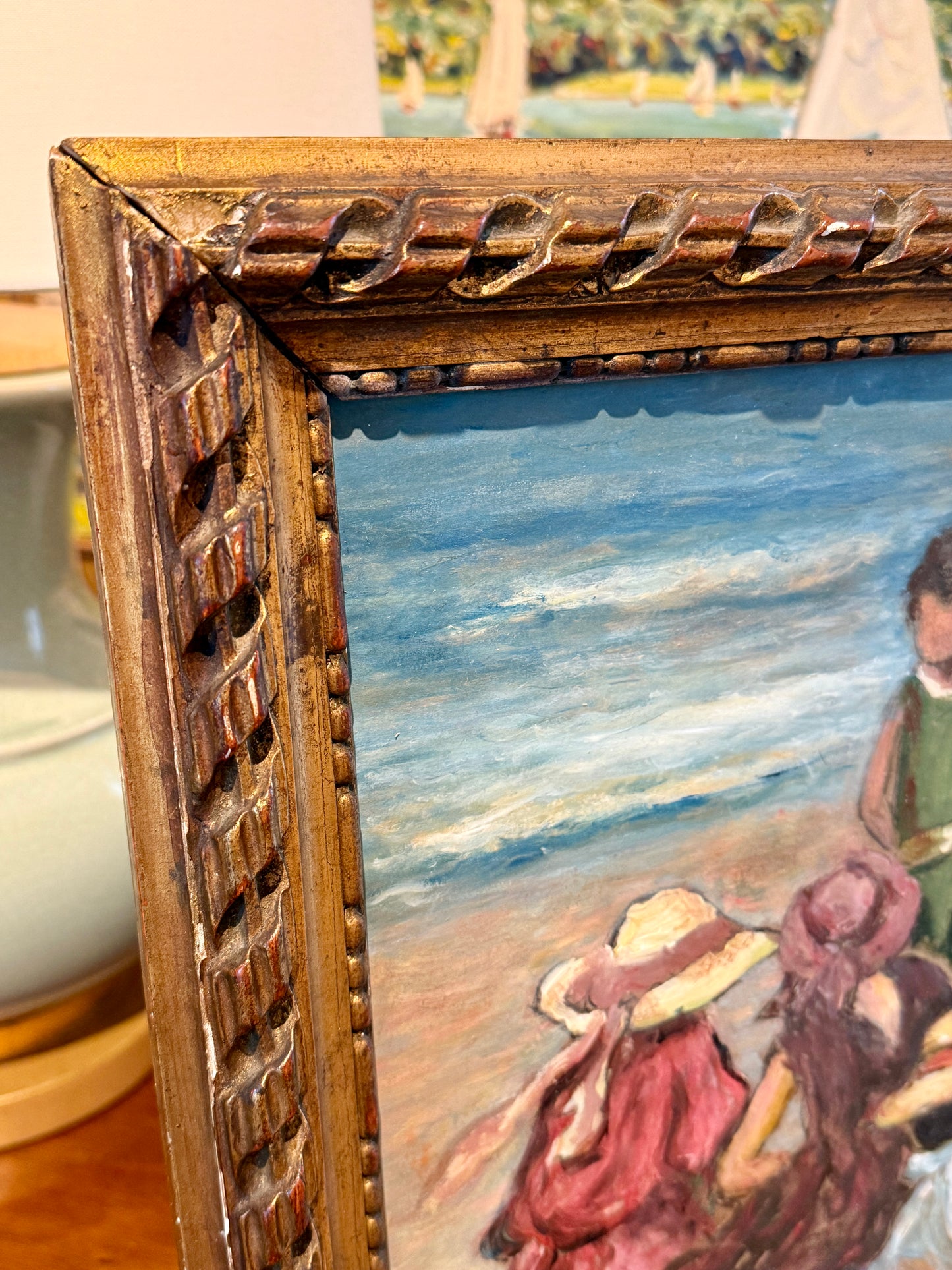 After Edward Henry Potthast Manhattan Beach Oil Painting in Ornate Gold Frame