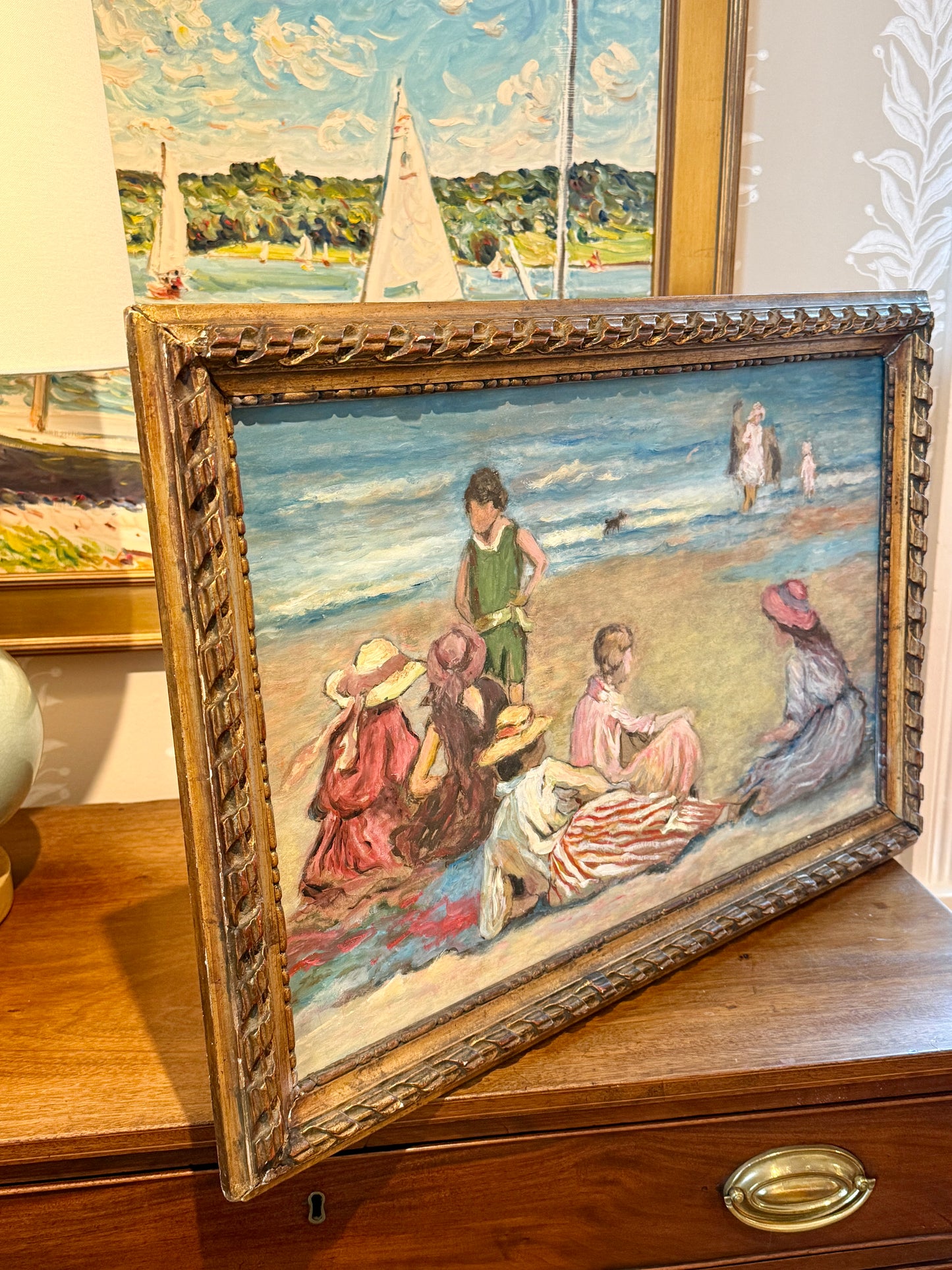 After Edward Henry Potthast Manhattan Beach Oil Painting in Ornate Gold Frame