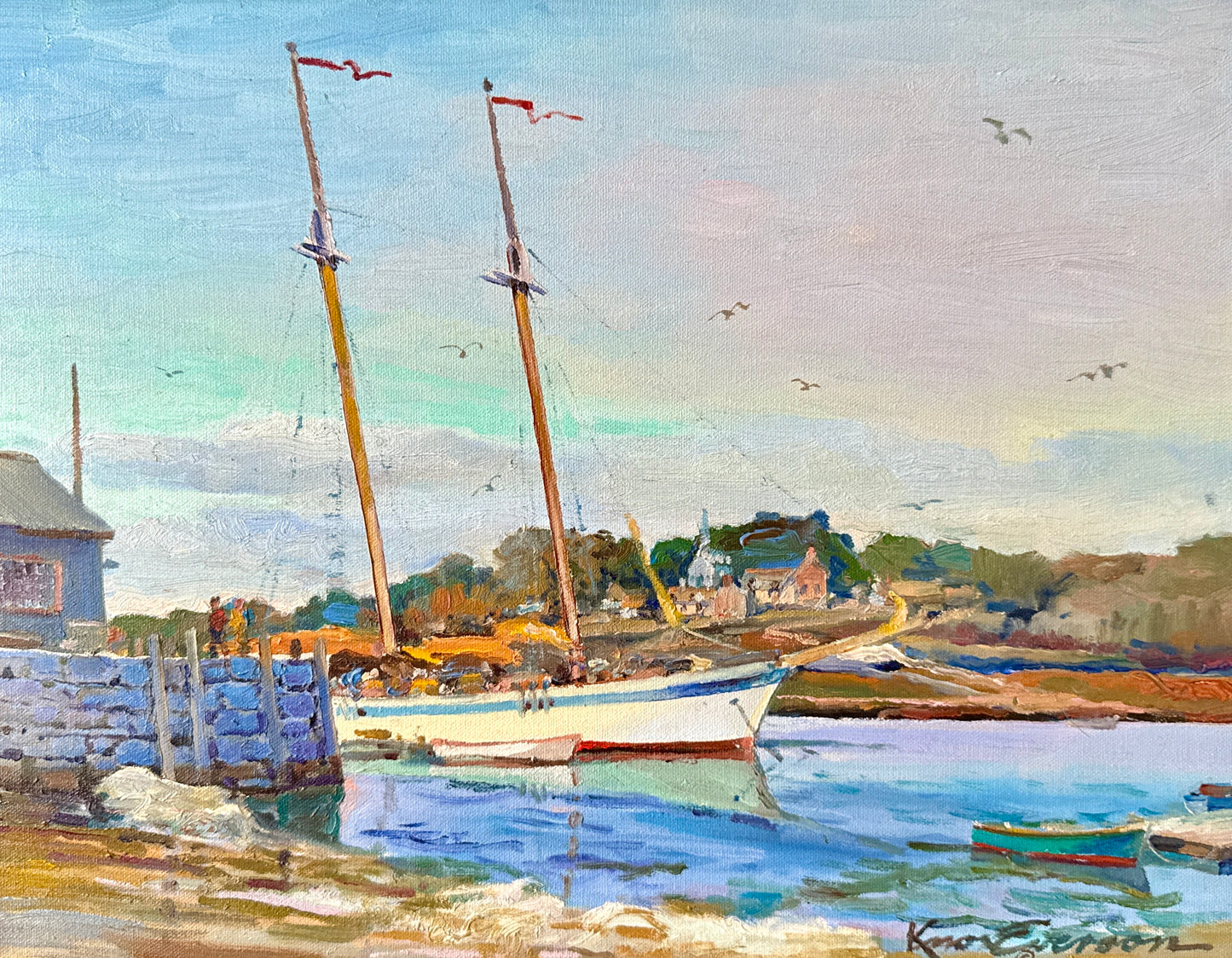 Knox Everson A Little South of Camden Golden Hour Harborscape Oil Painting in Black Frame