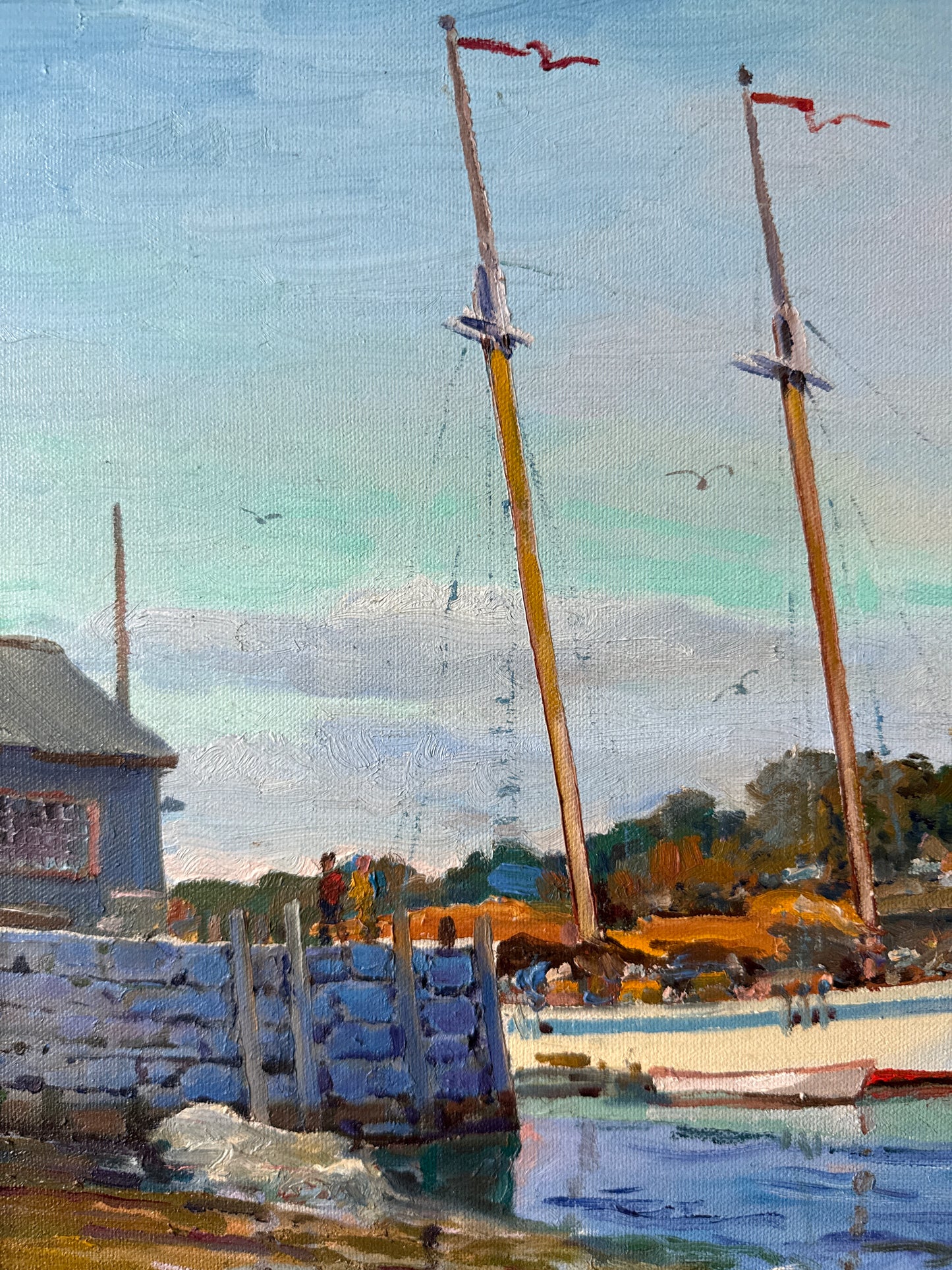 Knox Everson A Little South of Camden Golden Hour Harborscape Oil Painting in Black Frame