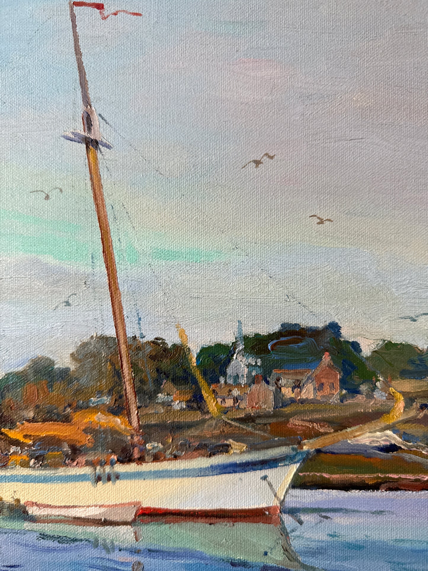 Knox Everson A Little South of Camden Golden Hour Harborscape Oil Painting in Black Frame