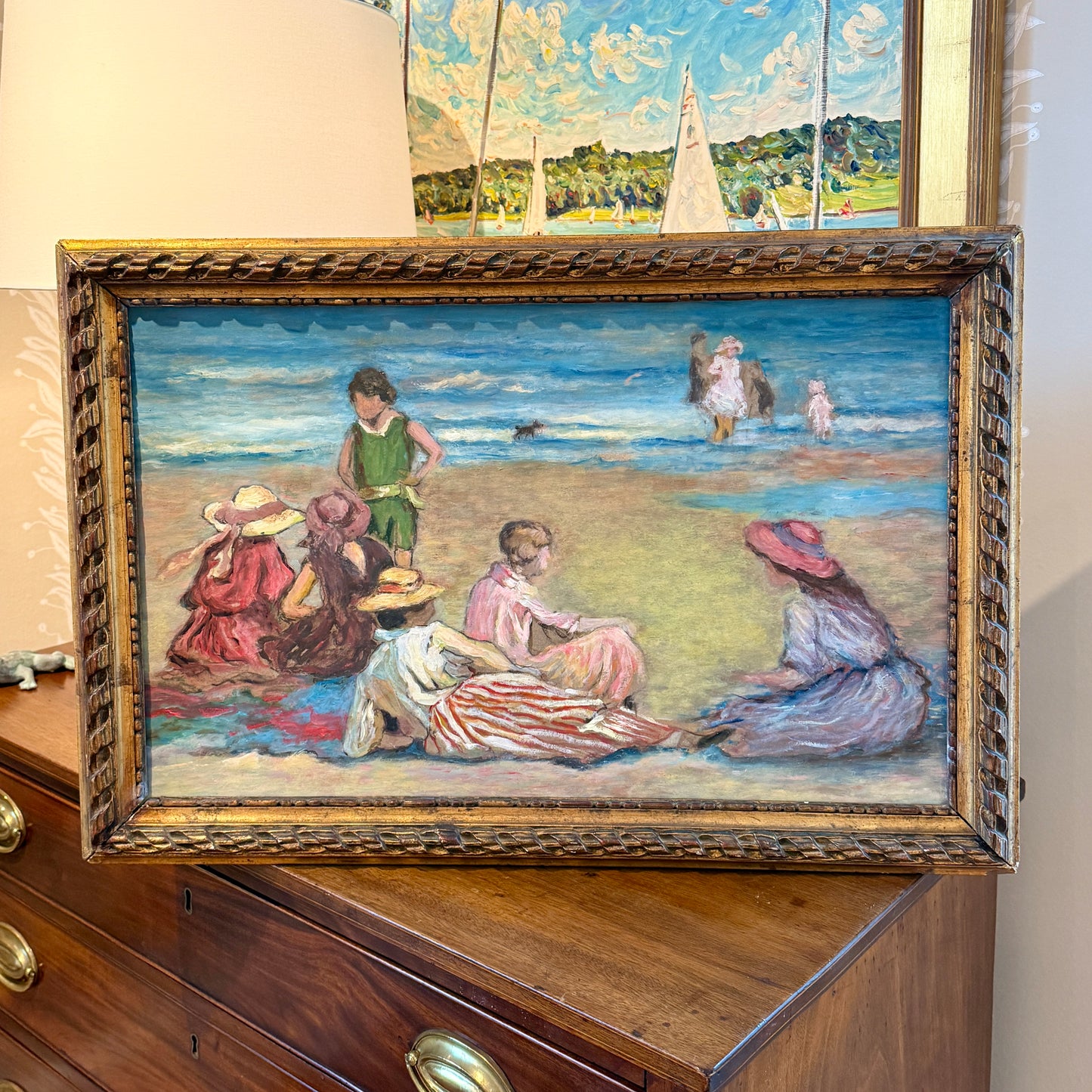 After Edward Henry Potthast Manhattan Beach Oil Painting in Ornate Gold Frame