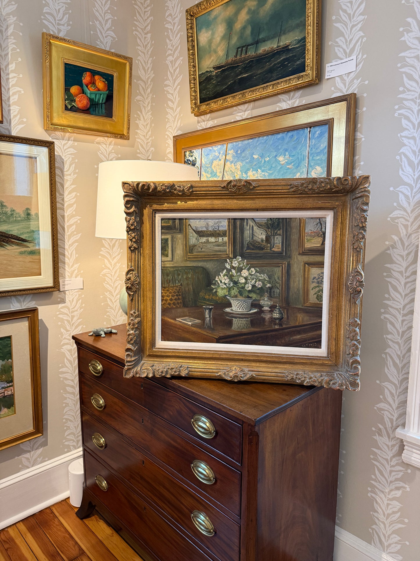 1925 The Art Collector's Office Interior Still Life Oil Painting in Ornate Gold Frame