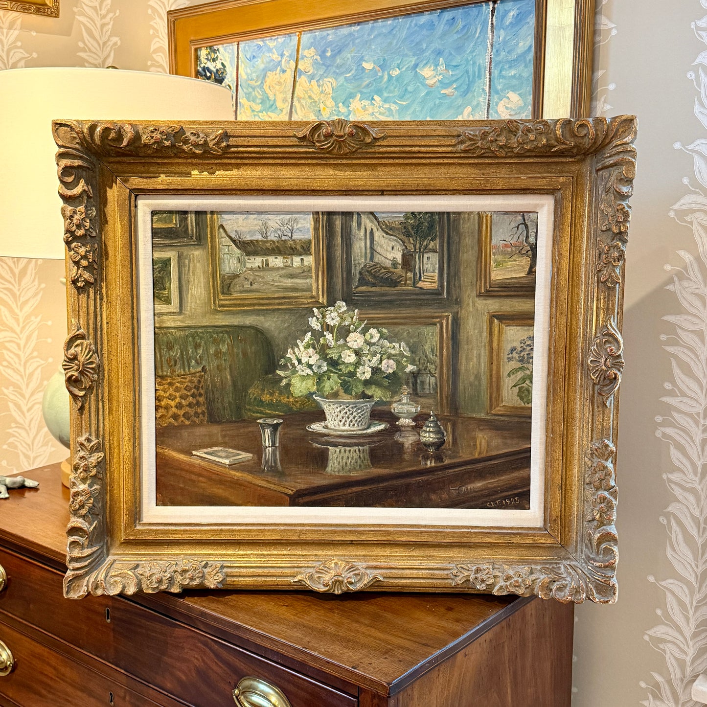 1925 The Art Collector's Office Interior Still Life Oil Painting in Ornate Gold Frame