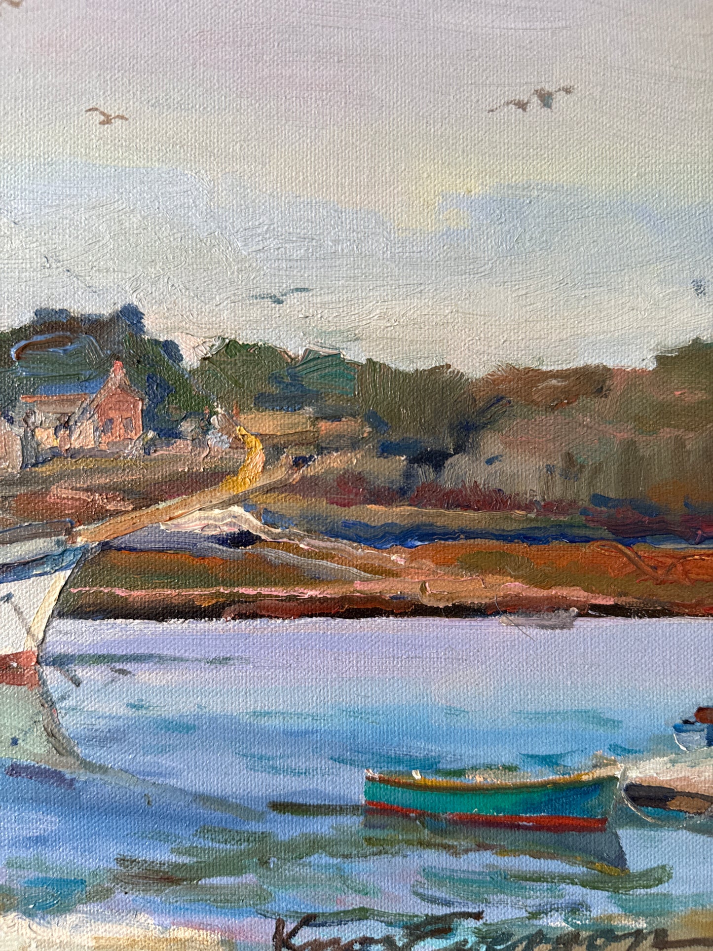 Knox Everson A Little South of Camden Golden Hour Harborscape Oil Painting in Black Frame