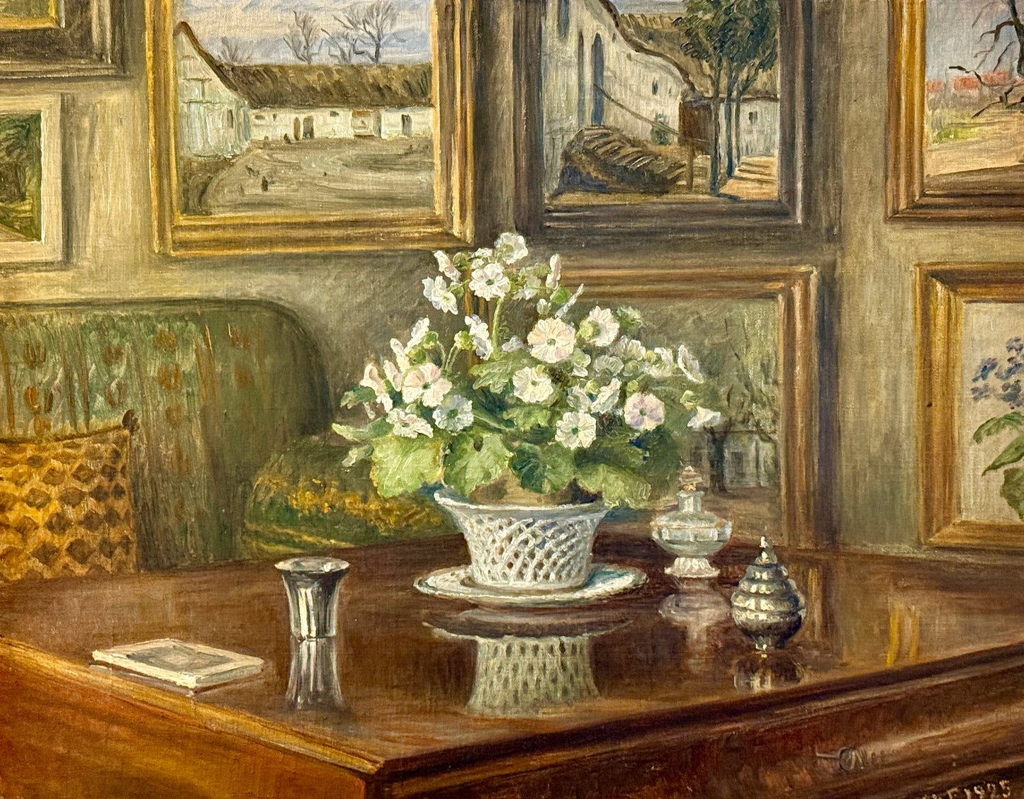 1925 The Art Collector's Office Interior Still Life Oil Painting in Ornate Gold Frame