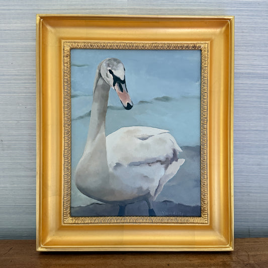 Lake Reverie Swan Portrait Oil Painting in Gold Frame