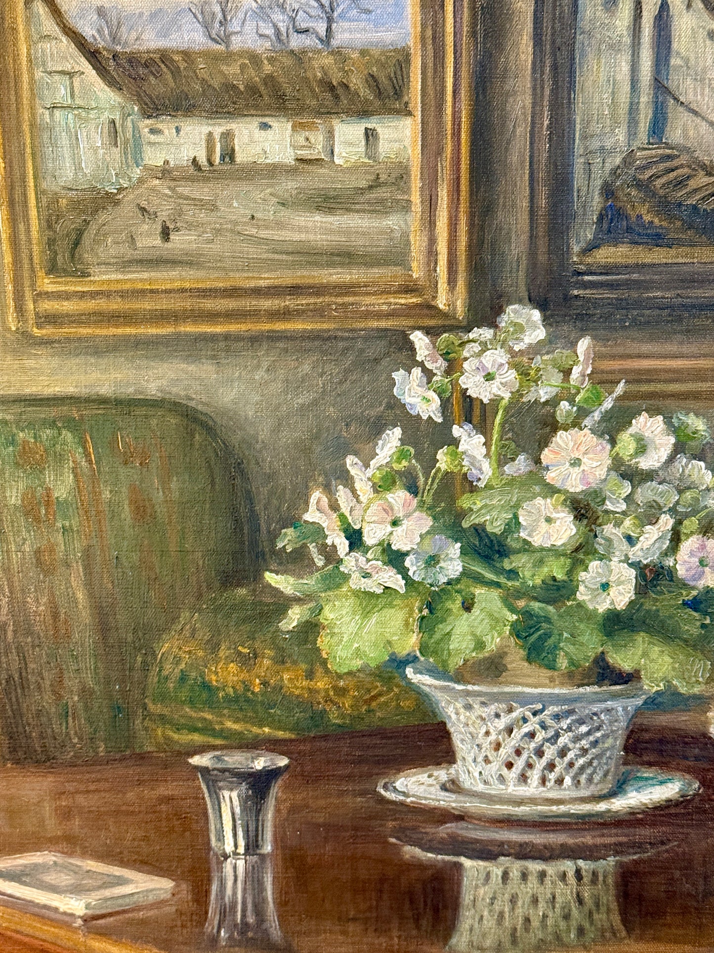 1925 The Art Collector's Office Interior Still Life Oil Painting in Ornate Gold Frame