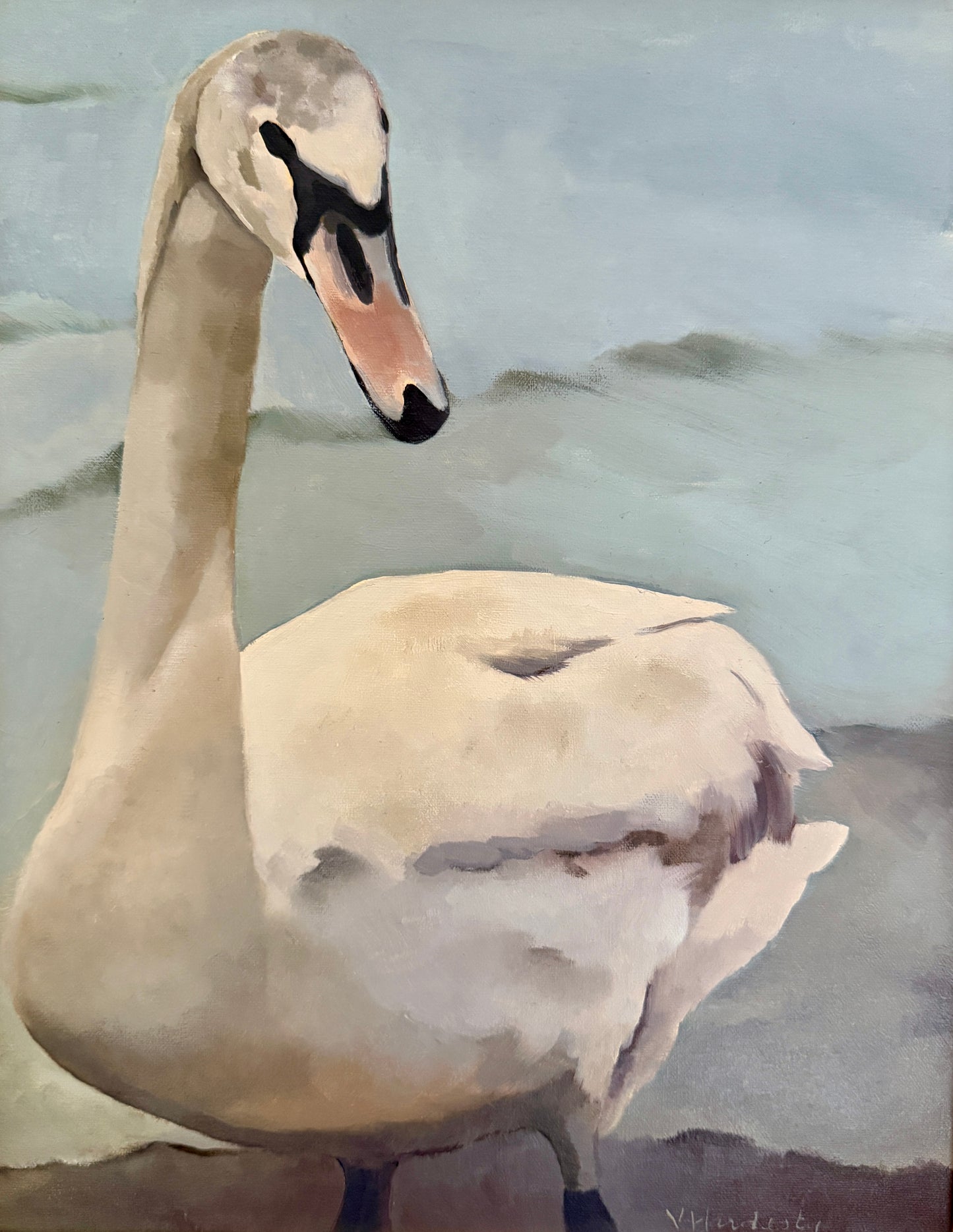 Lake Reverie Swan Portrait Oil Painting in Gold Frame