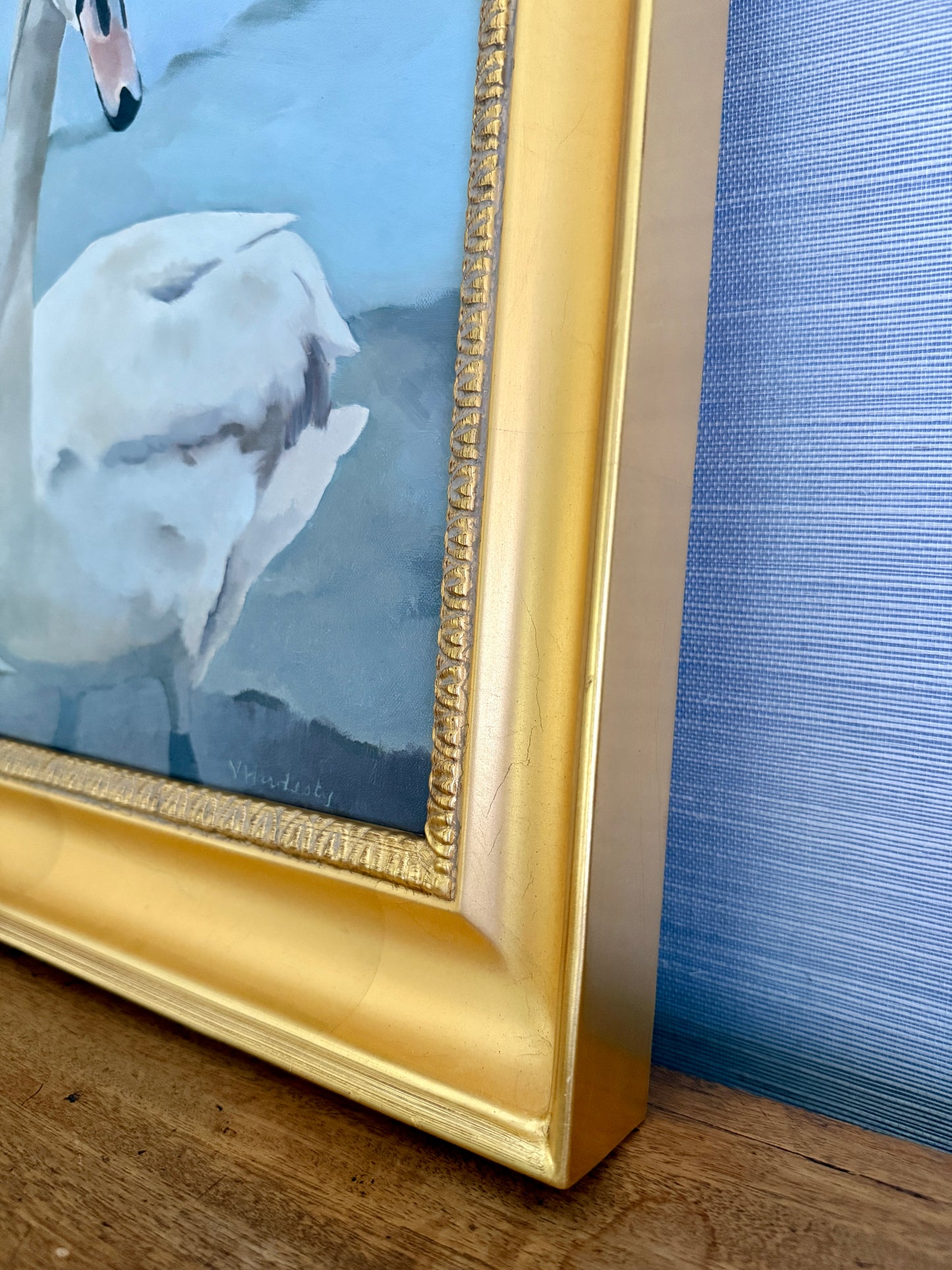 Lake Reverie Swan Portrait Oil Painting in Gold Frame