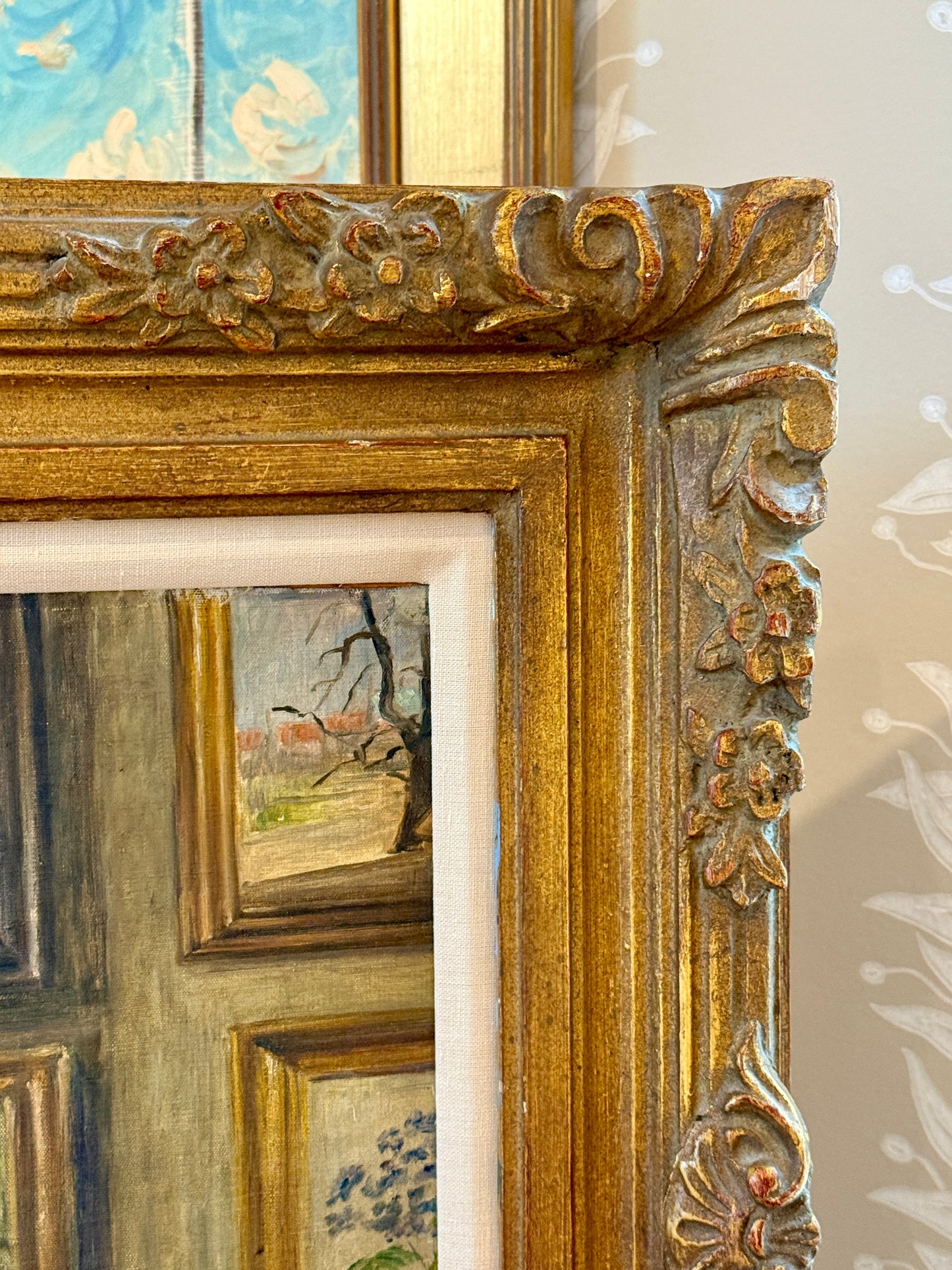 1925 The Art Collector's Office Interior Still Life Oil Painting in Ornate Gold Frame