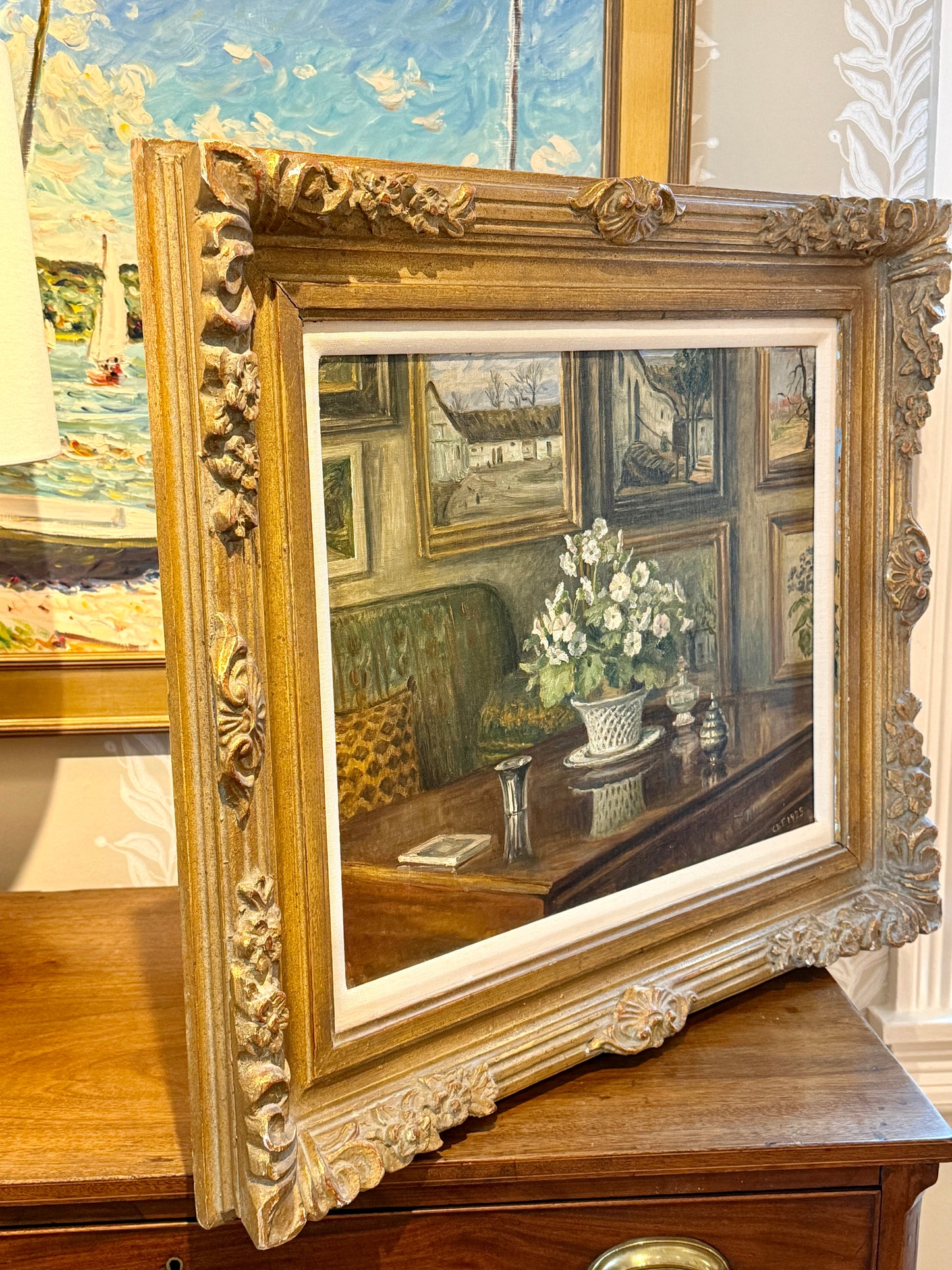 1925 The Art Collector's Office Interior Still Life Oil Painting in Ornate Gold Frame