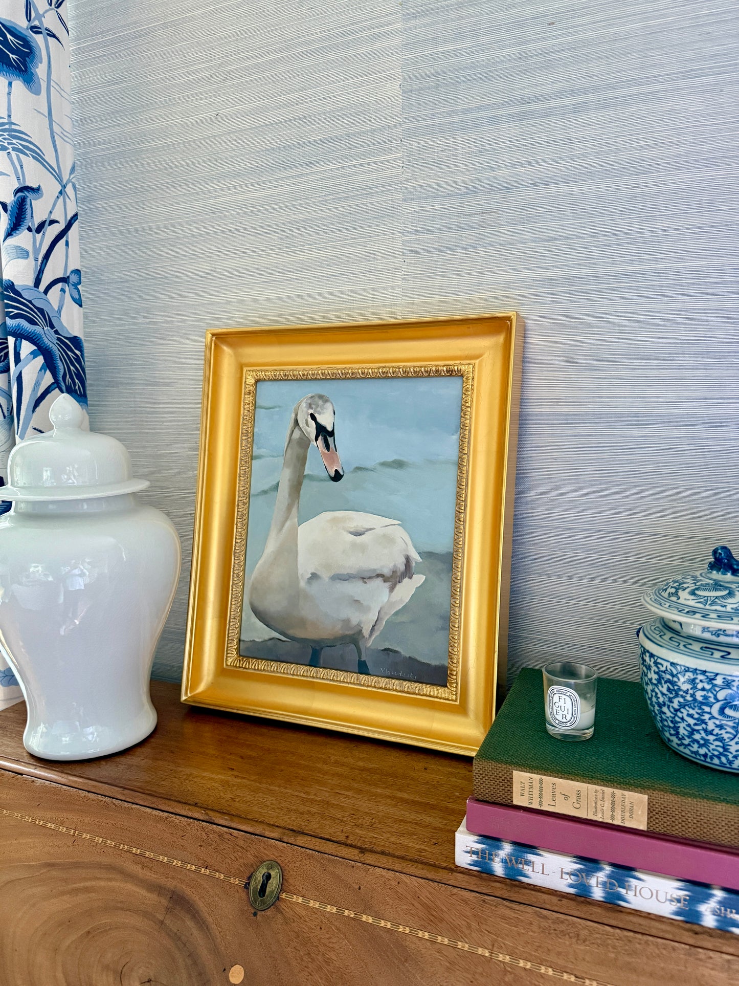 Lake Reverie Swan Portrait Oil Painting in Gold Frame