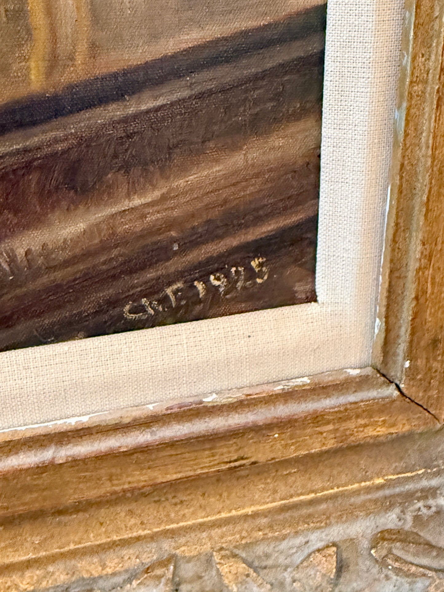1925 The Art Collector's Office Interior Still Life Oil Painting in Ornate Gold Frame