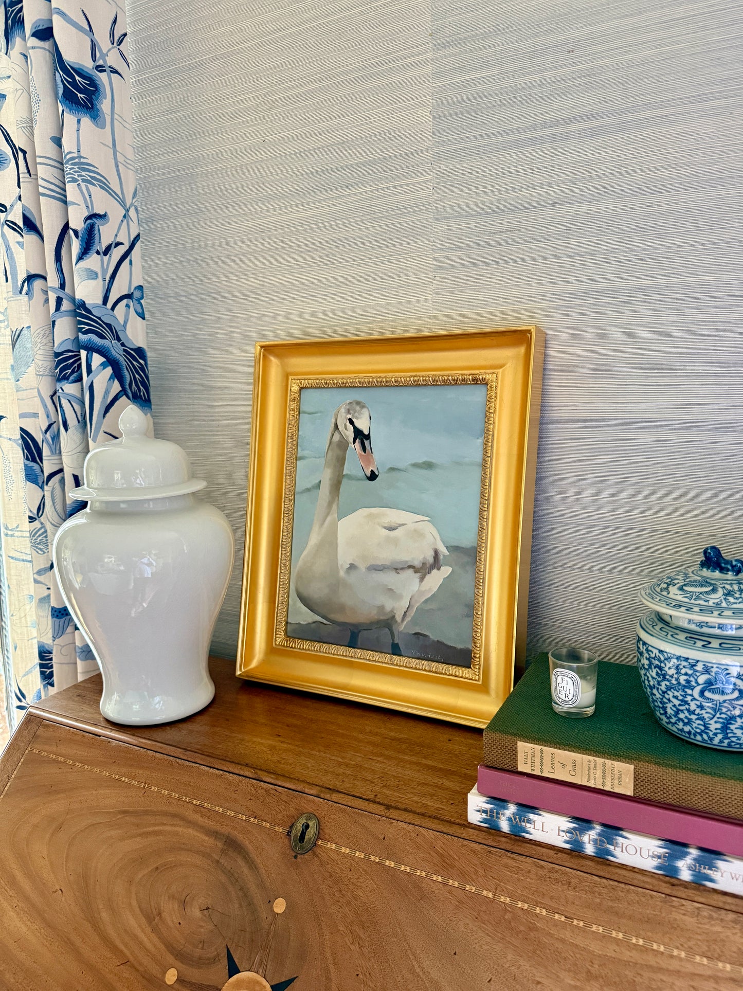Lake Reverie Swan Portrait Oil Painting in Gold Frame