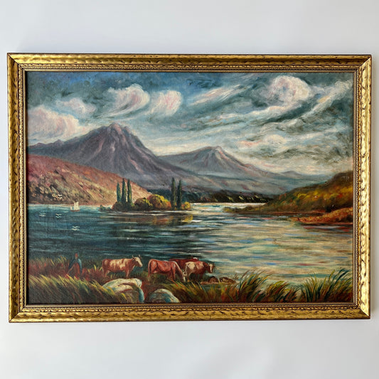 Mid Century European Coastal Mountain Landscape with Cows Oil Painting in Gold Frame