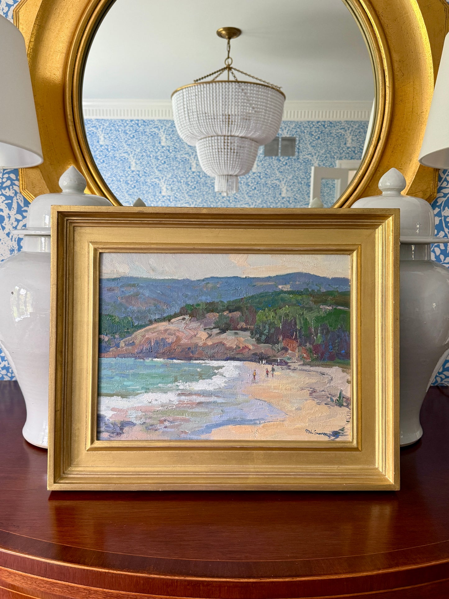 Michael Graves Sand Beach Acadia Bar Harbor Maine Oil Painting Beach Seascape in Gold Frame
