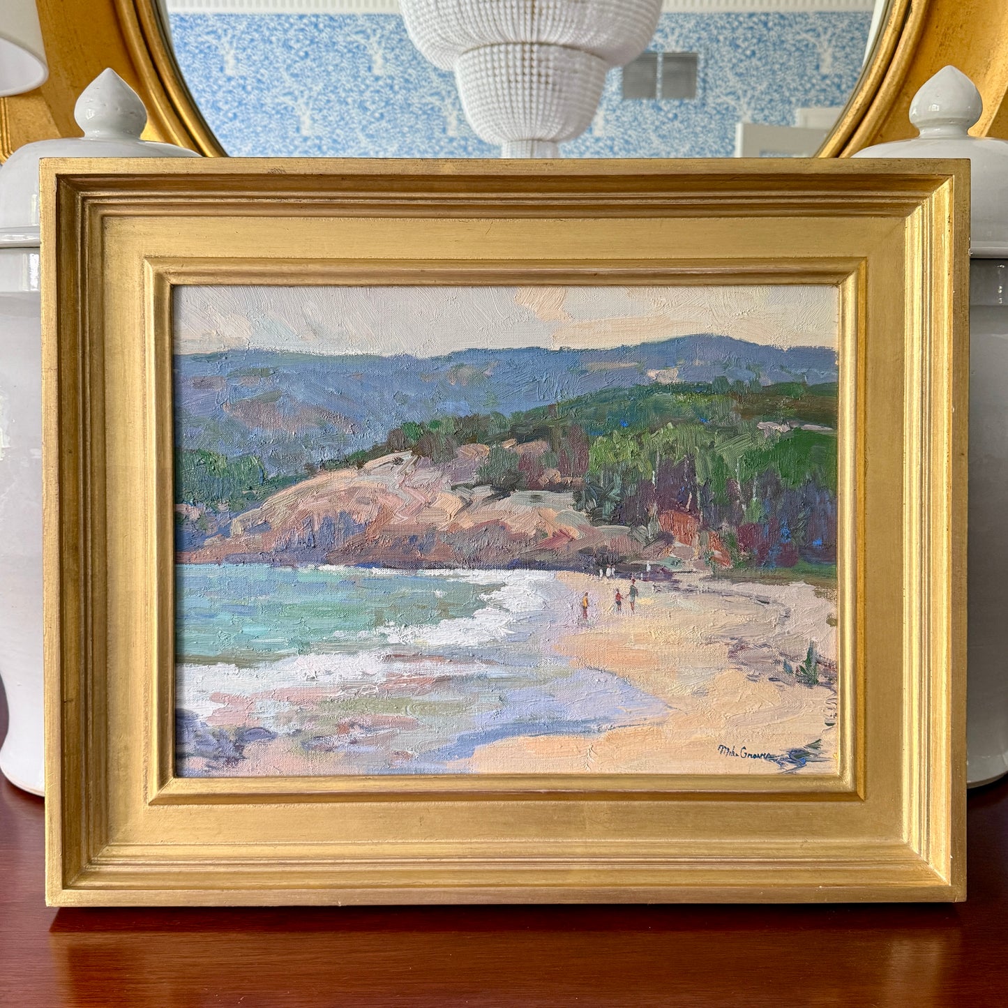 Michael Graves Sand Beach Acadia Bar Harbor Maine Oil Painting Beach Seascape in Gold Frame