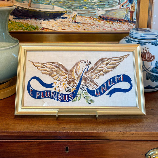 Vintage Framed Americana Needlework E Pluribus Unum Bald Eagle on Linen in Gold Frame