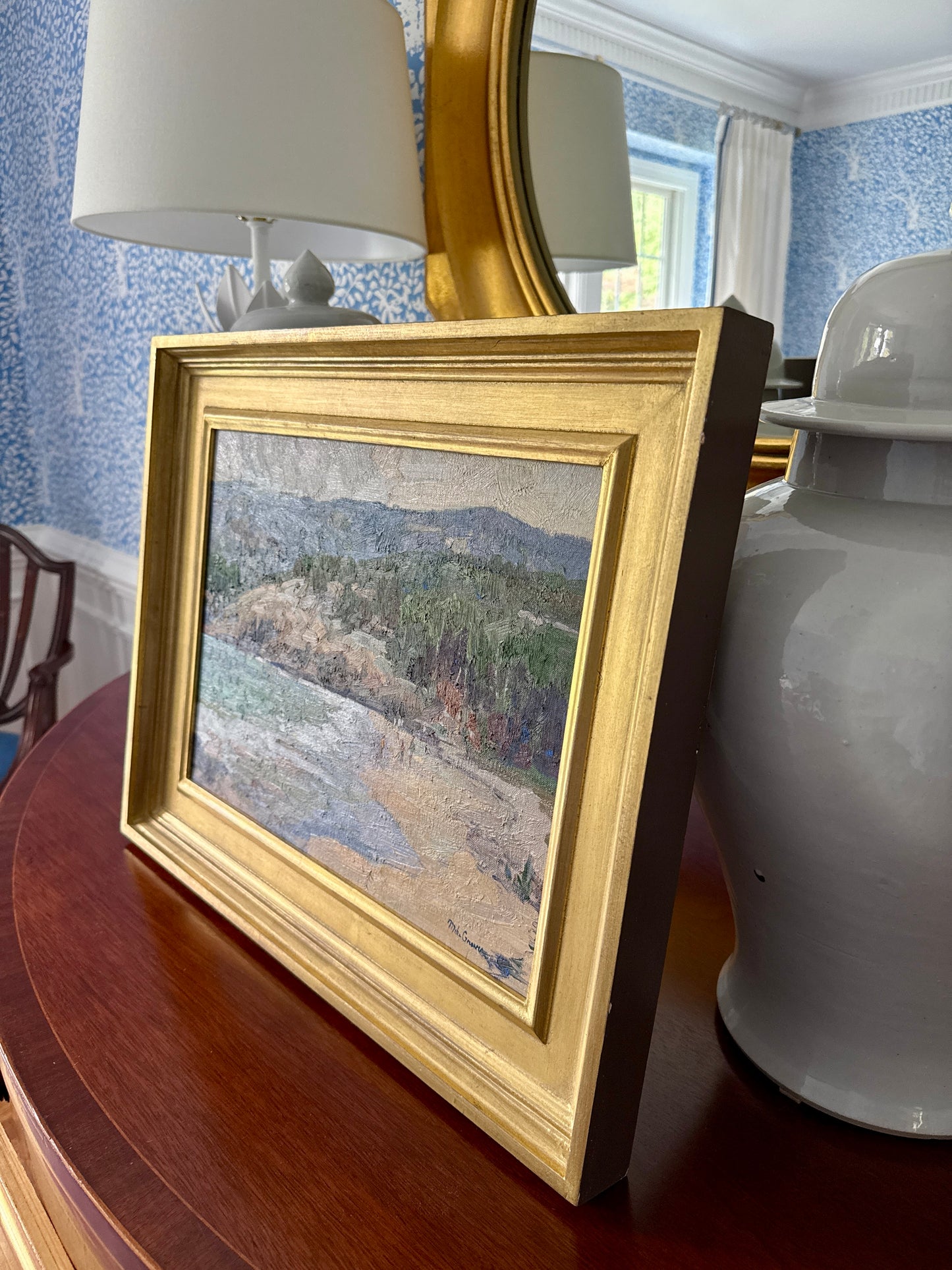 Michael Graves Sand Beach Acadia Bar Harbor Maine Oil Painting Beach Seascape in Gold Frame