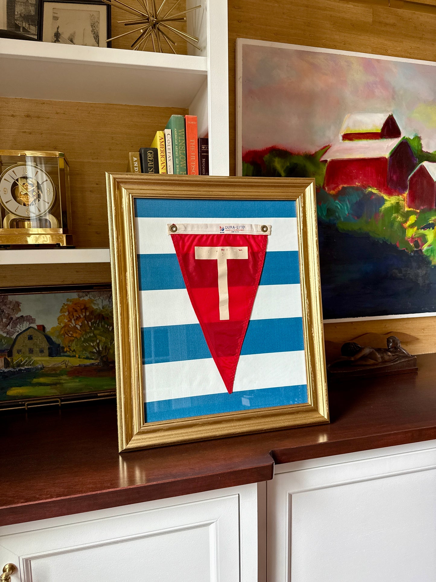 Vintage "T" Initial Canvas Burgee Nautical Flag on Blue Awning Stripes in Gold Frame