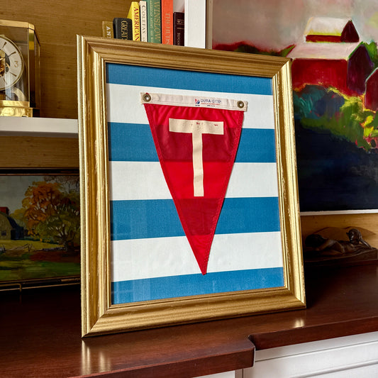 Vintage "T" Initial Canvas Burgee Nautical Flag on Blue Awning Stripes in Gold Frame