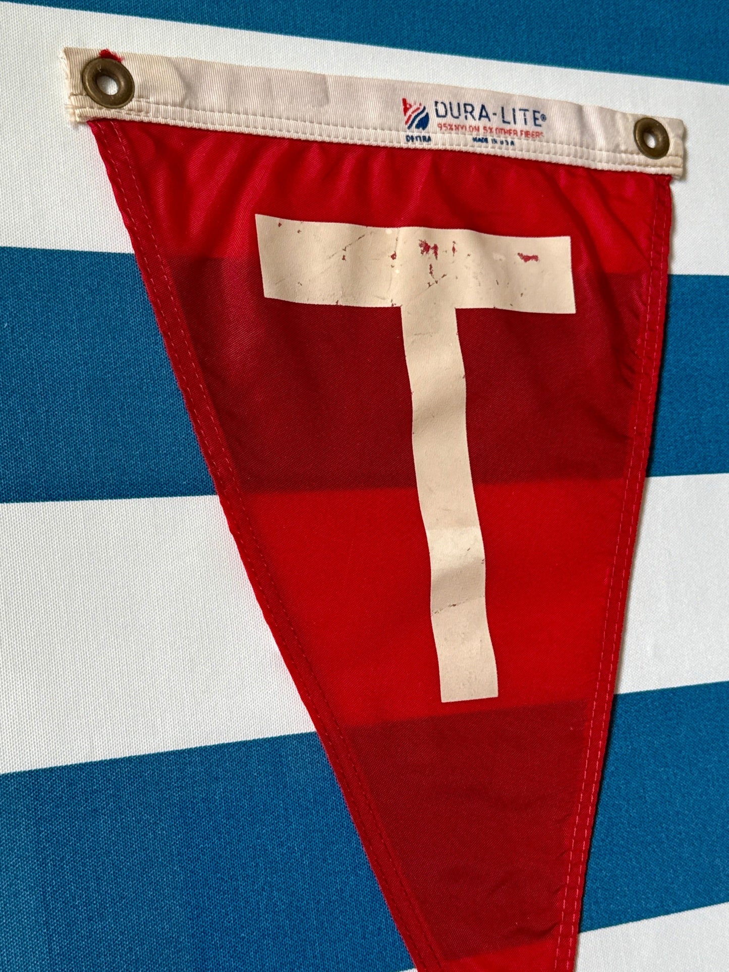Vintage "T" Initial Canvas Burgee Nautical Flag on Blue Awning Stripes in Gold Frame