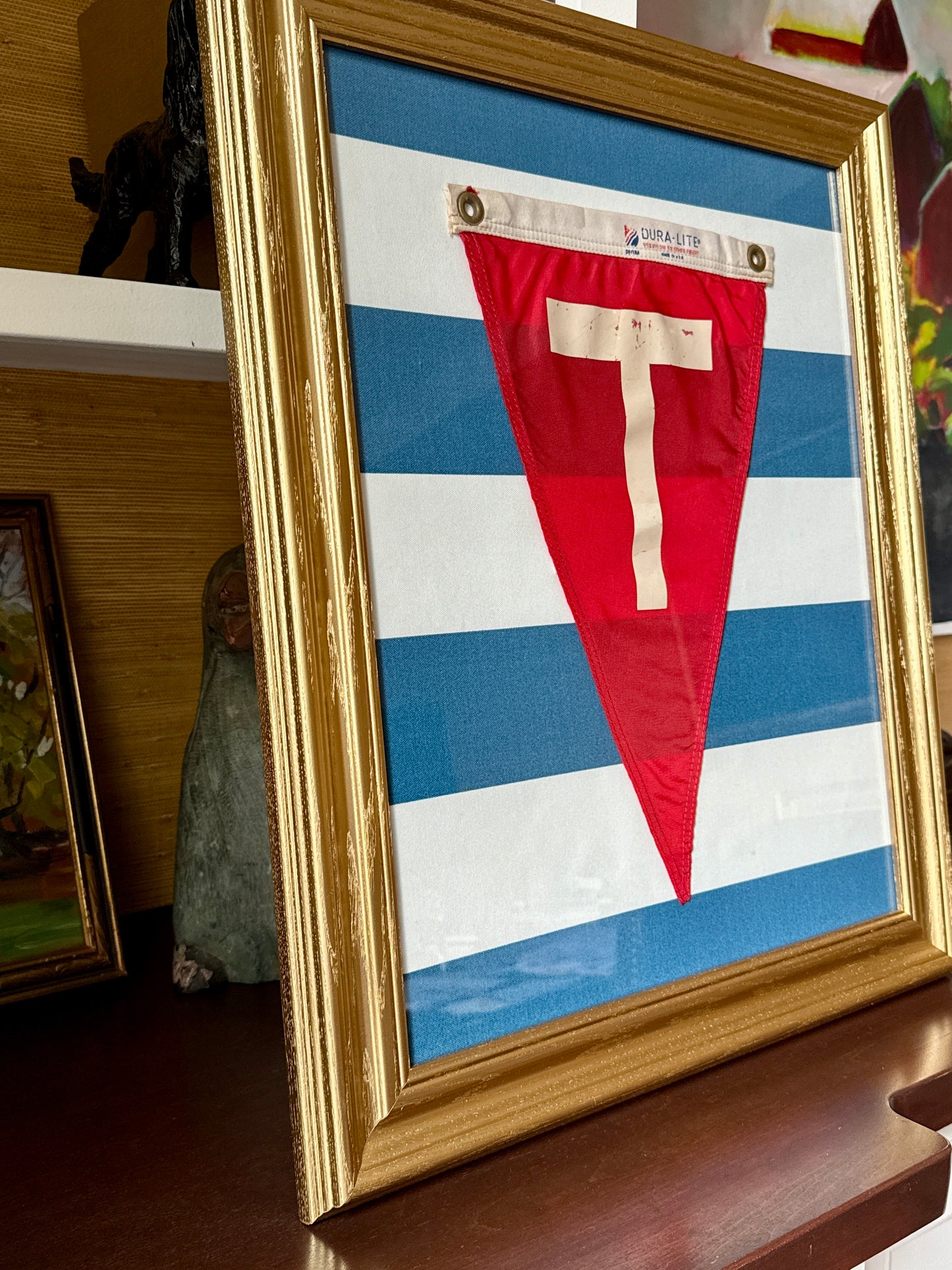 Vintage "T" Initial Canvas Burgee Nautical Flag on Blue Awning Stripes in Gold Frame