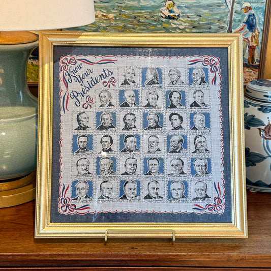 Vintage Framed Americana Know Your Presidents Scalloped Scarf on Blue Twill in Gold Frame