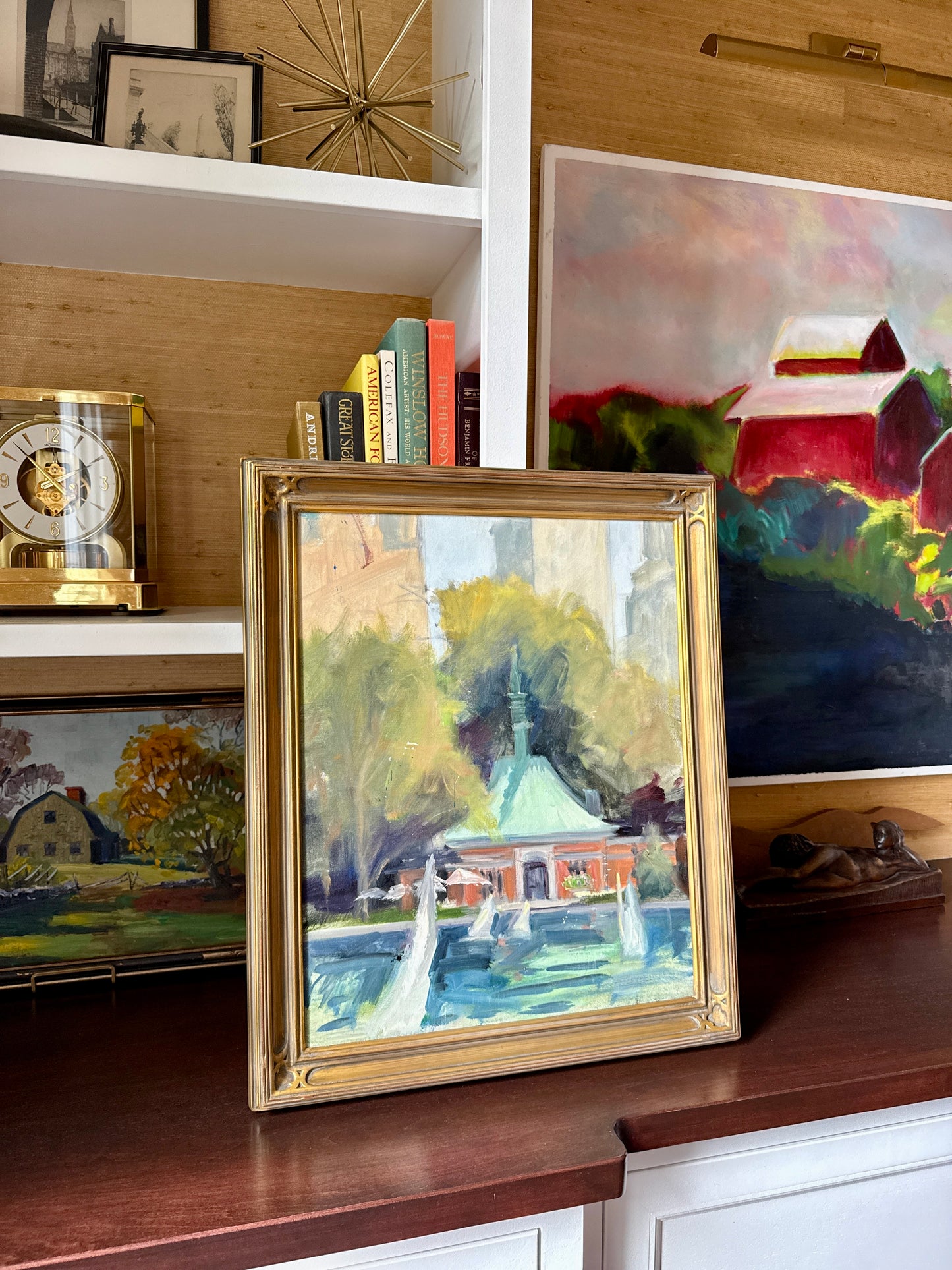 Central Park Kerbs Boathouse Model Yachts Oil Painting Study in Gold Frame