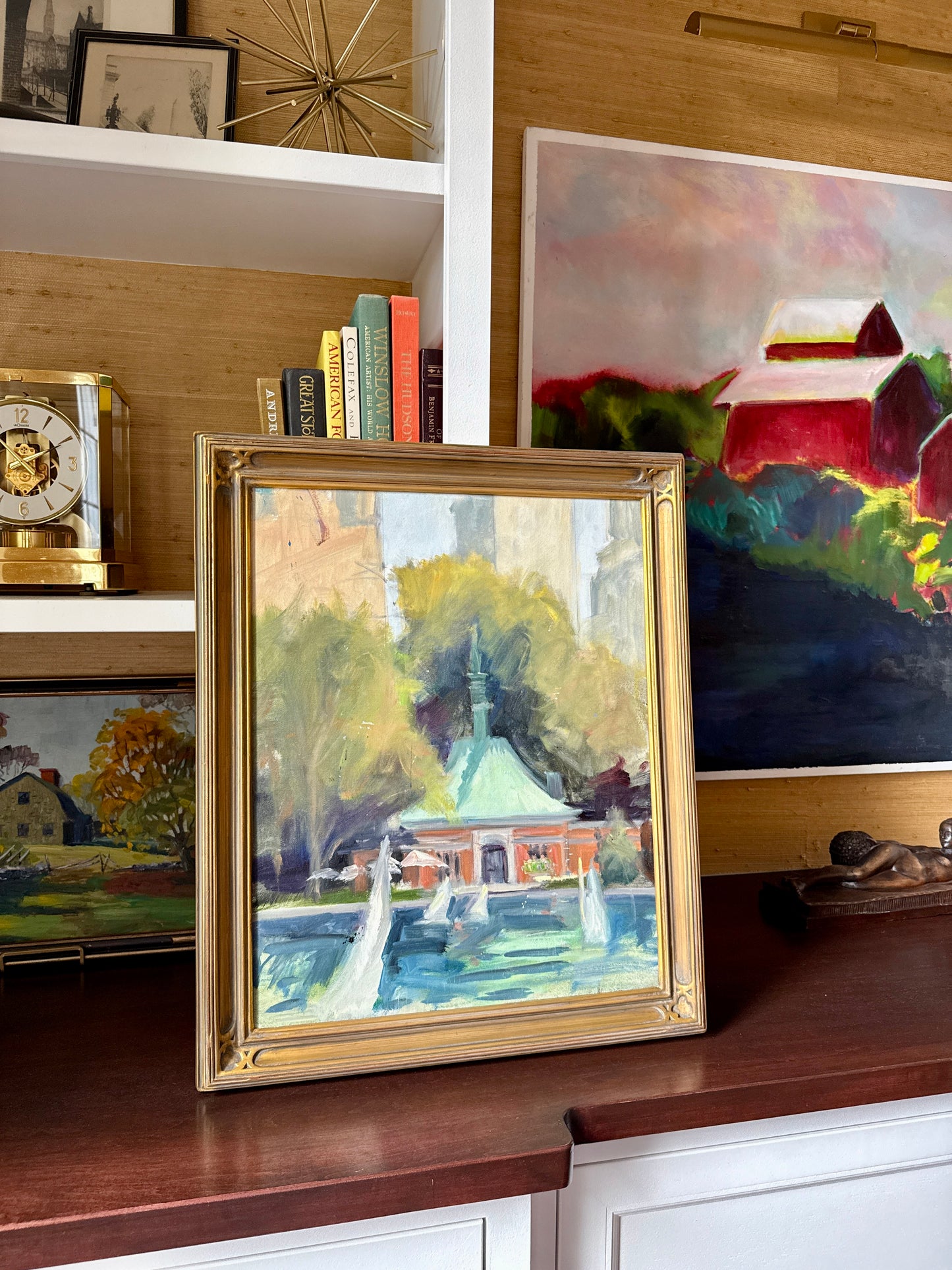 Central Park Kerbs Boathouse Model Yachts Oil Painting Study in Gold Frame