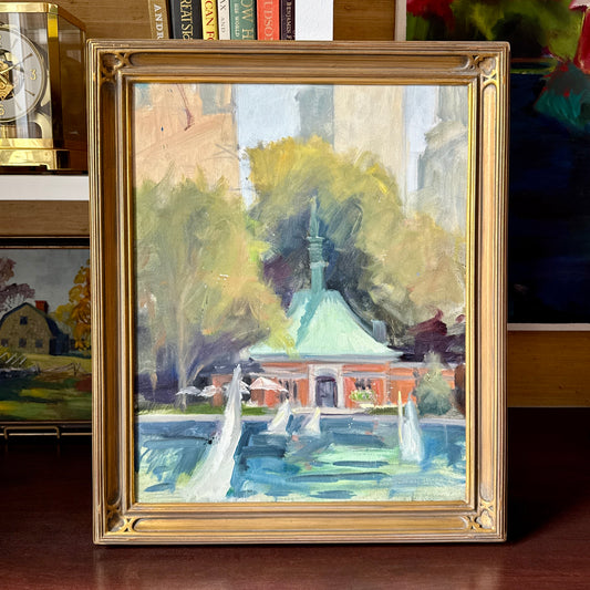 Central Park Kerbs Boathouse Model Yachts Oil Painting Study in Gold Frame