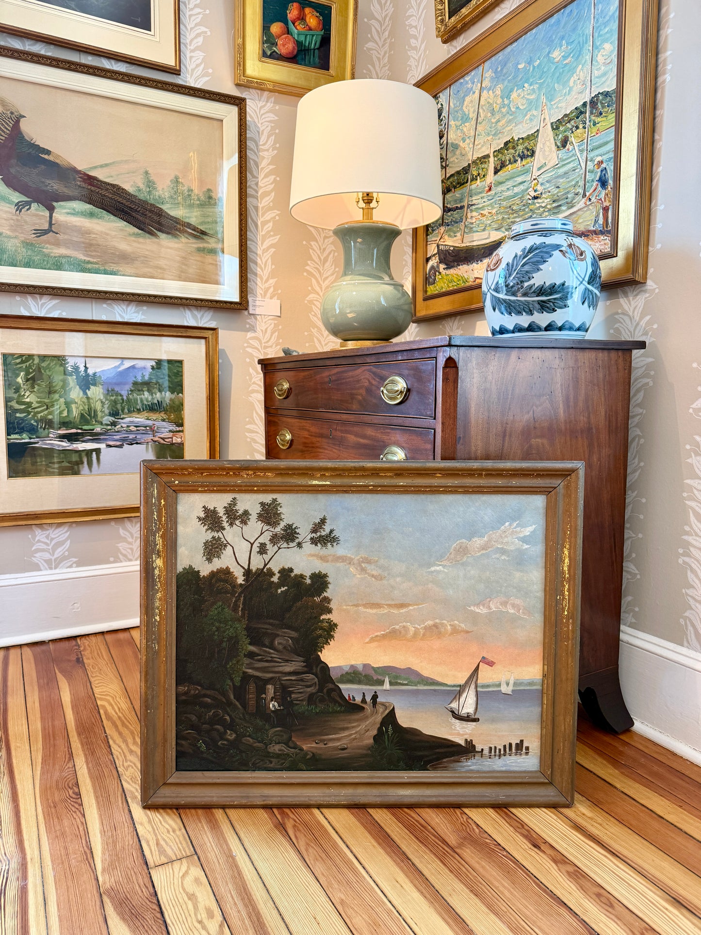 19th Century Hudson River Landscape American Folk Oil Painting in Antique Gilded Frame