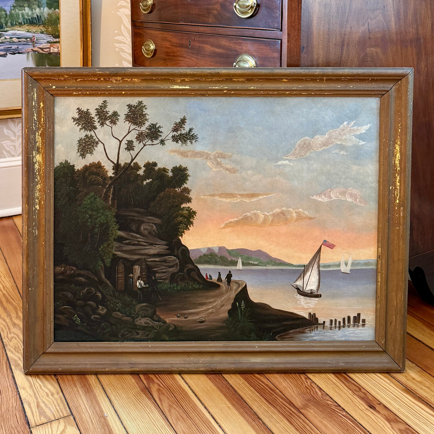 19th Century Hudson River Landscape American Folk Oil Painting in Antique Gilded Frame