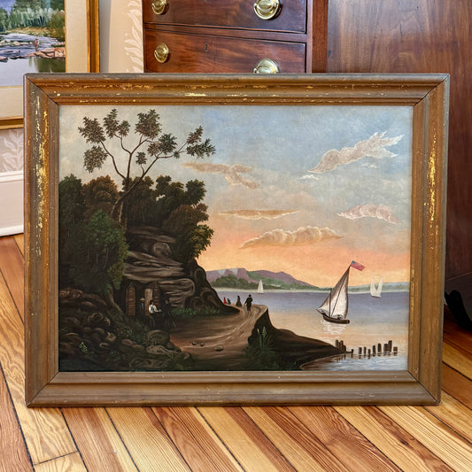 19th Century Hudson River Landscape American Folk Oil Painting in Antique Gilded Frame