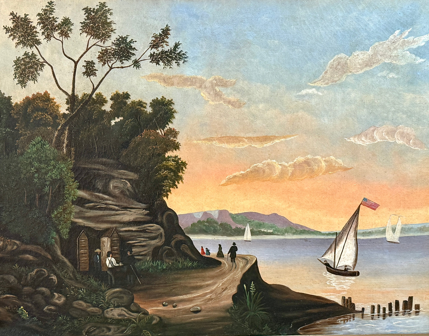 19th Century Hudson River Landscape American Folk Oil Painting in Antique Gilded Frame