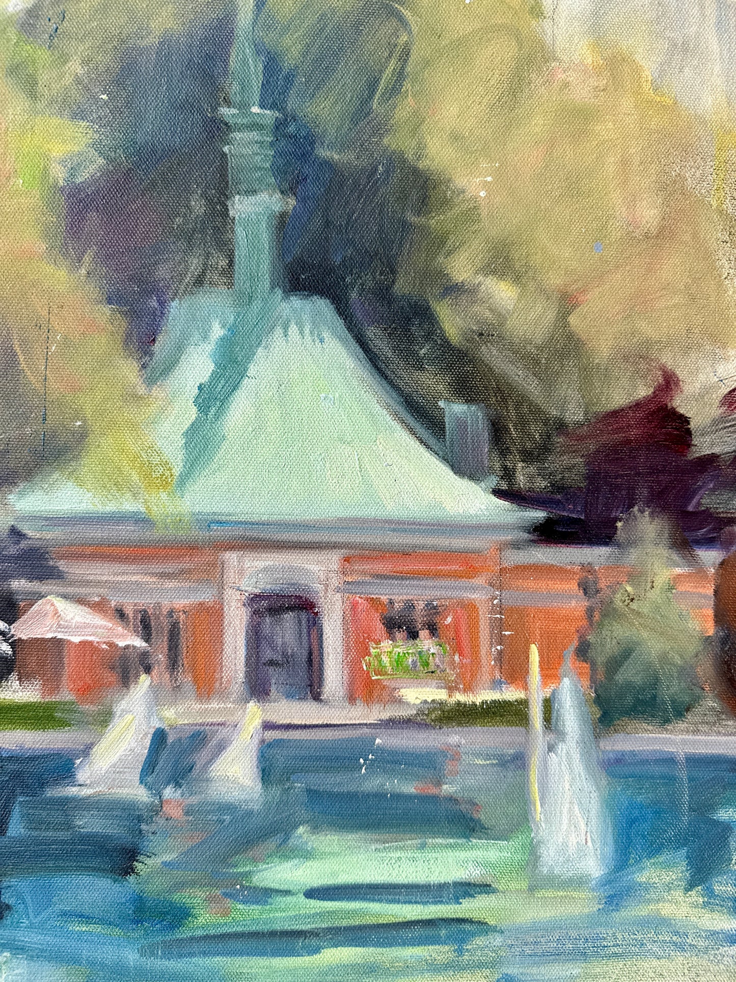 Central Park Kerbs Boathouse Model Yachts Oil Painting Study in Gold Frame