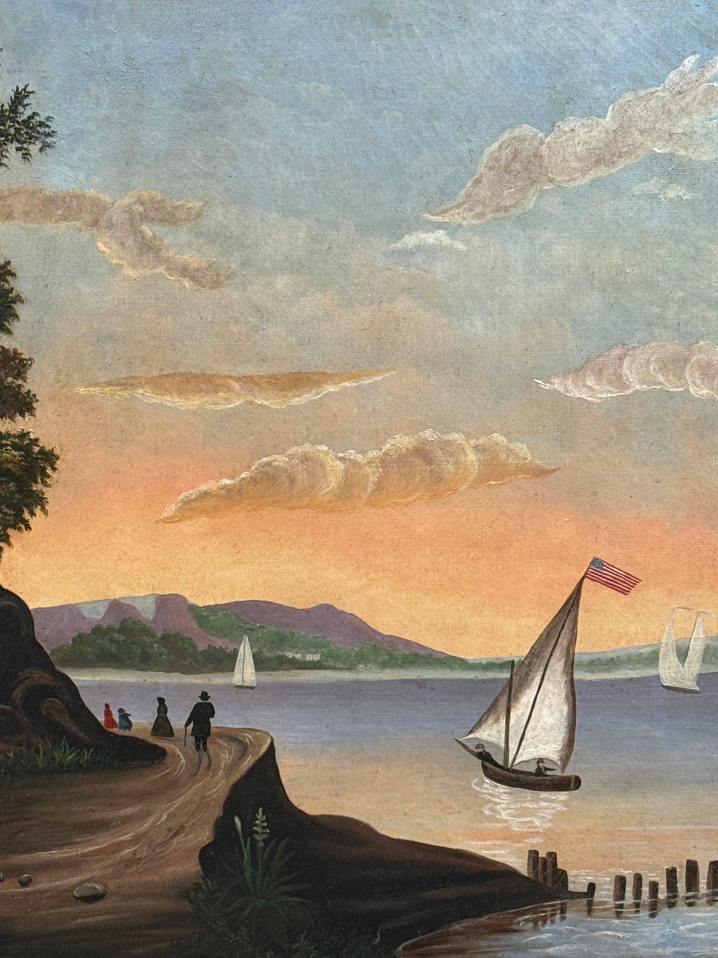 19th Century Hudson River Landscape American Folk Oil Painting in Antique Gilded Frame