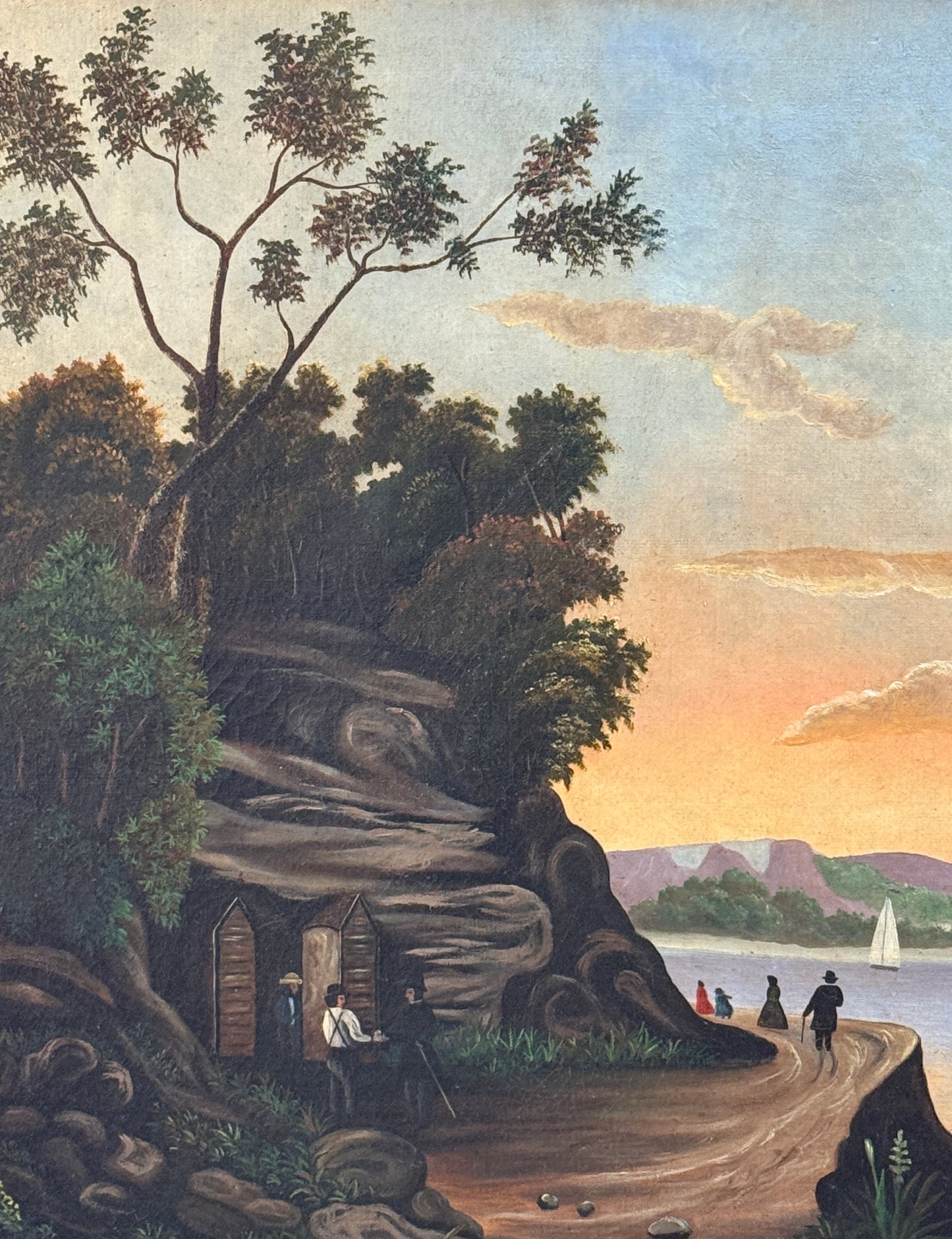 19th Century Hudson River Landscape American Folk Oil Painting in Antique Gilded Frame