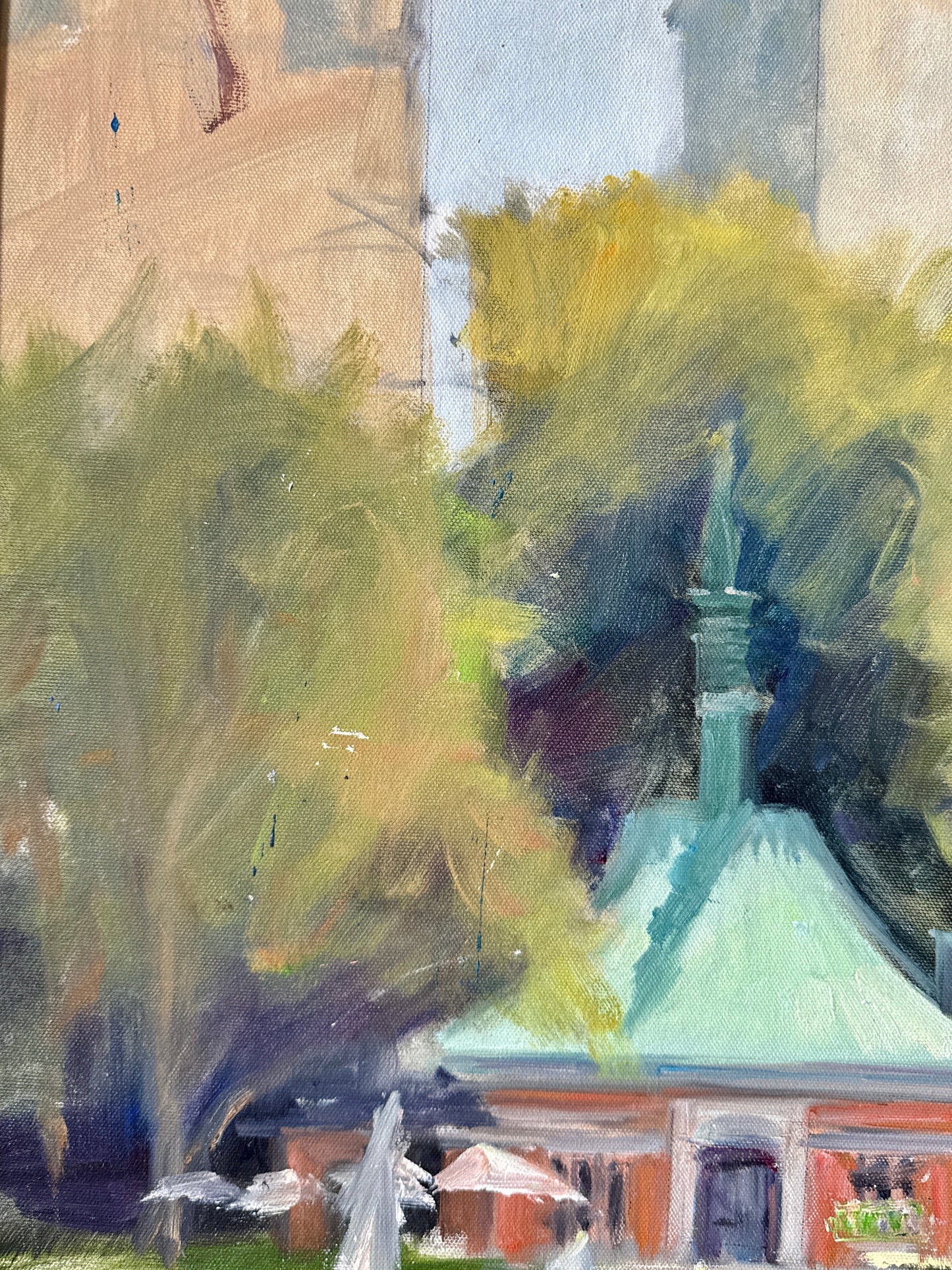 Central Park Kerbs Boathouse Model Yachts Oil Painting Study in Gold Frame