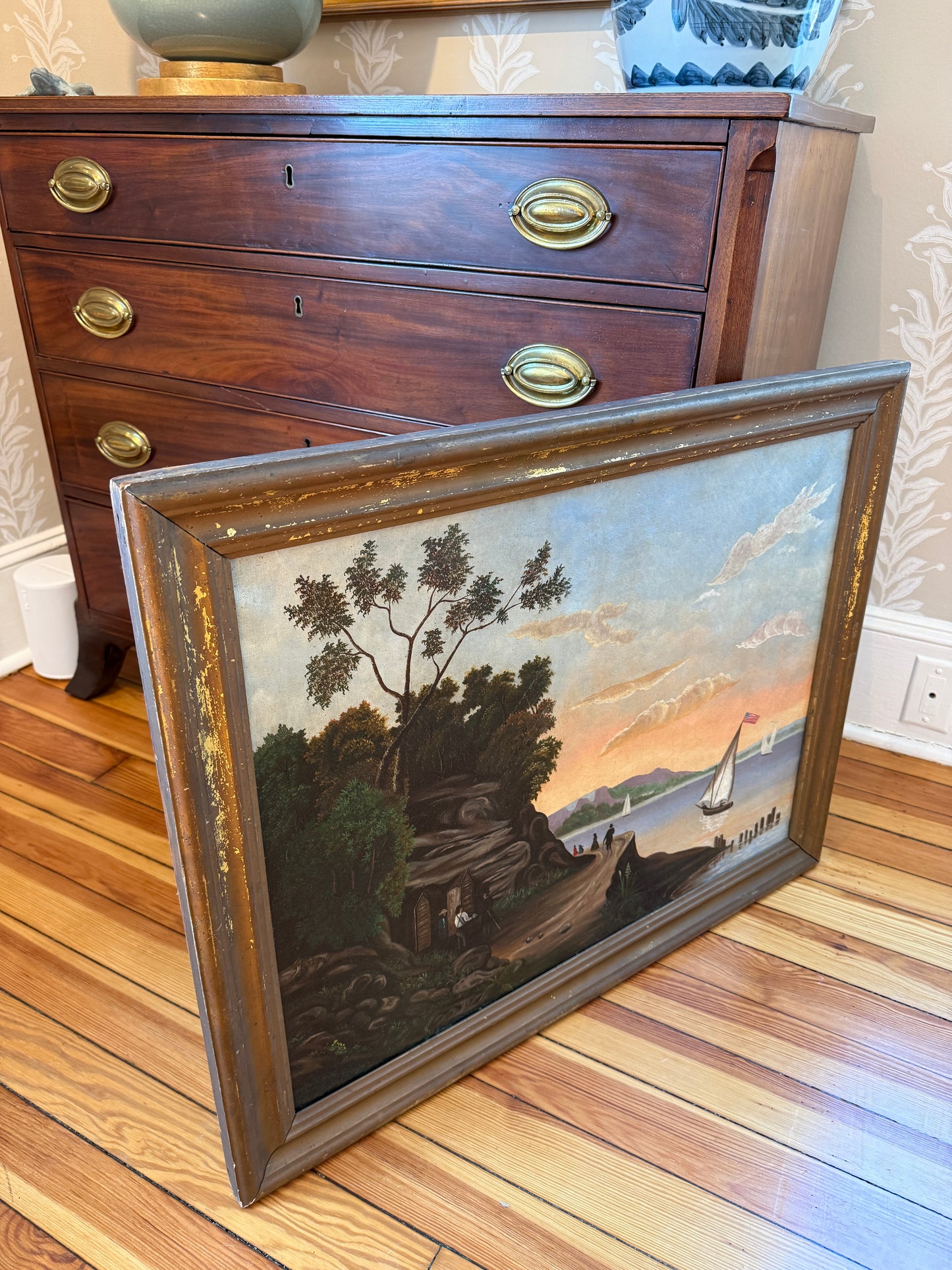 19th Century Hudson River Landscape American Folk Oil Painting in Antique Gilded Frame