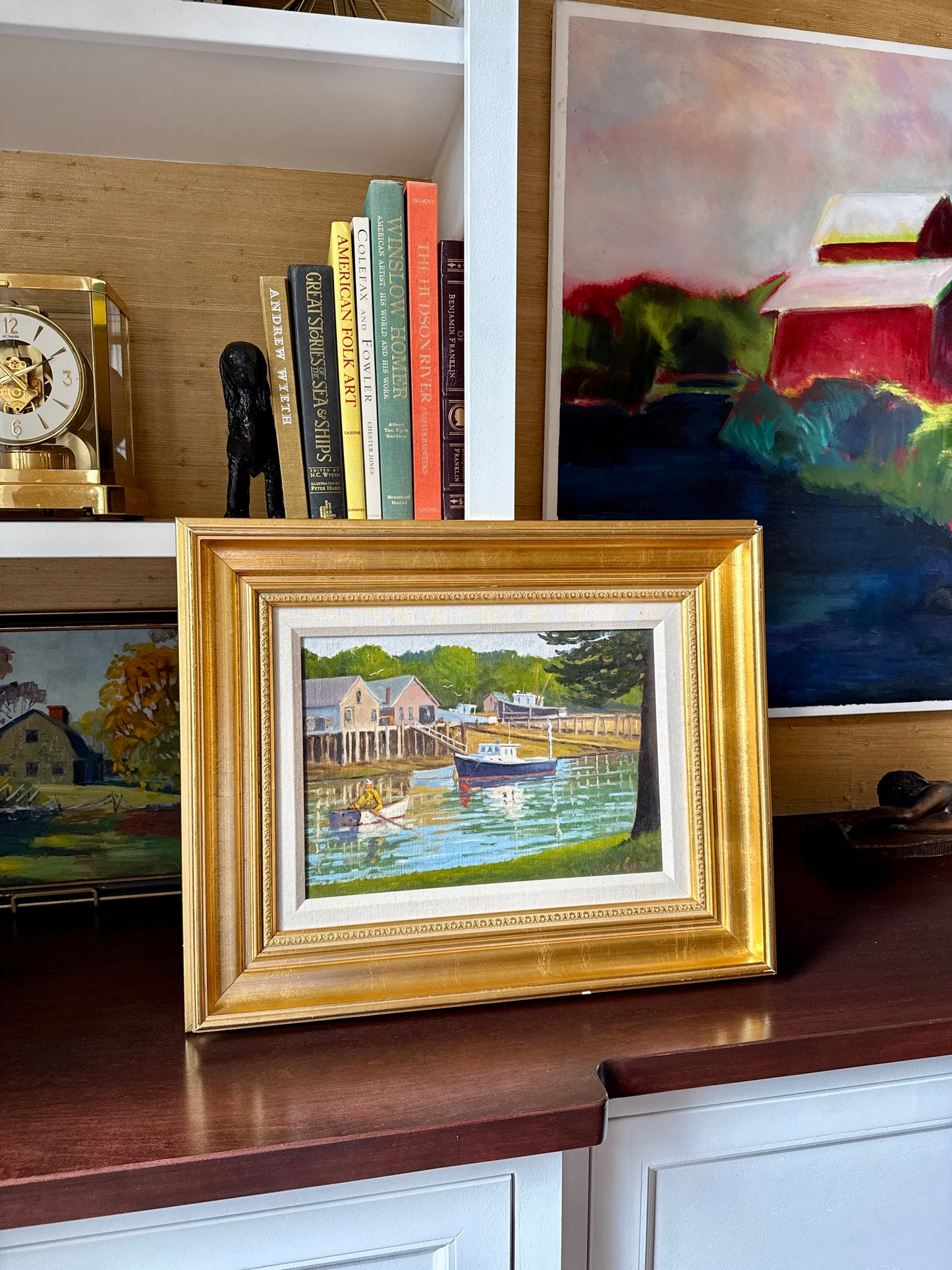 Robert Gordon Working Harbor East Boothbay Maine Yellow Jacket Fisherman Oil Painting in Gold Frame