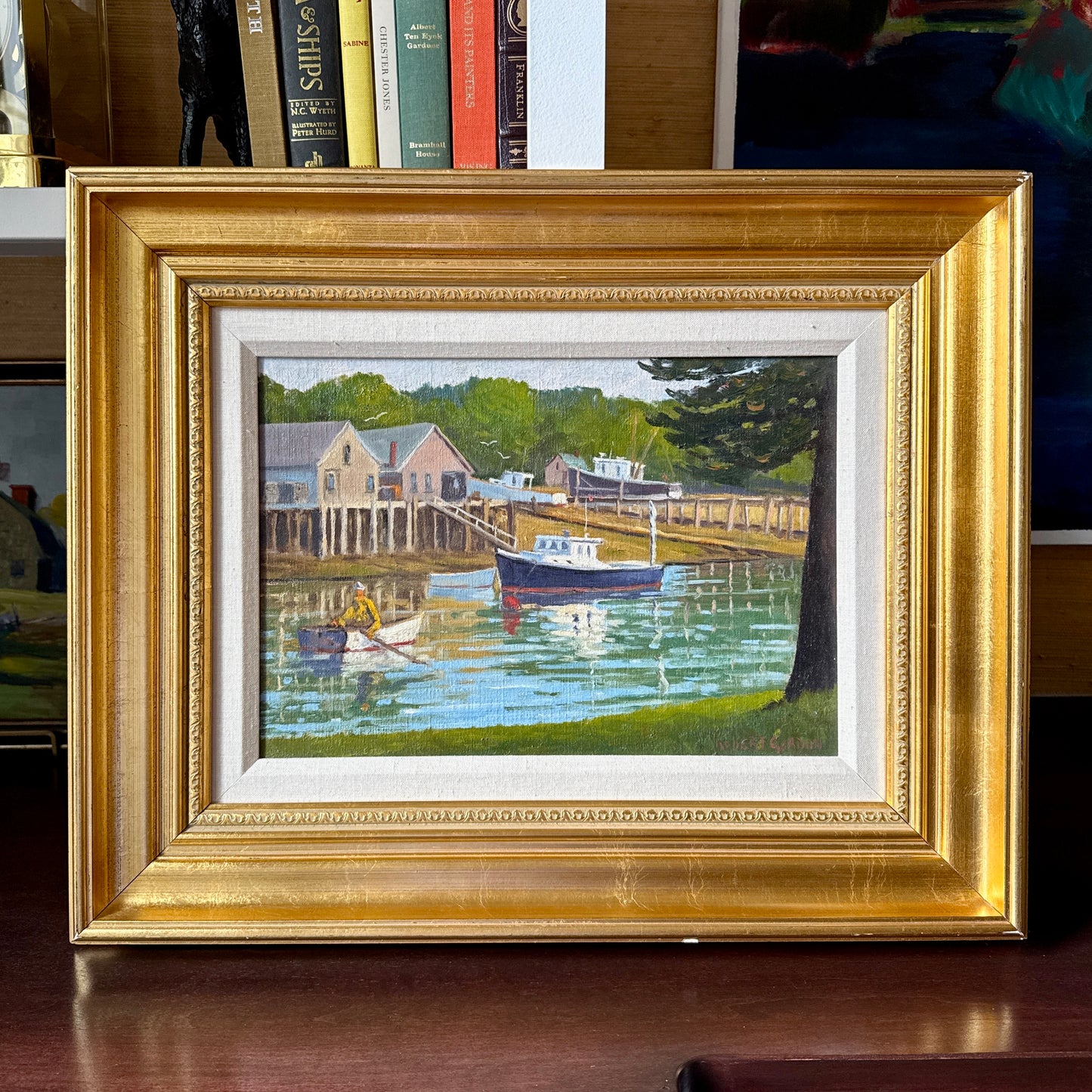 Robert Gordon Working Harbor East Boothbay Maine Yellow Jacket Fisherman Oil Painting in Gold Frame