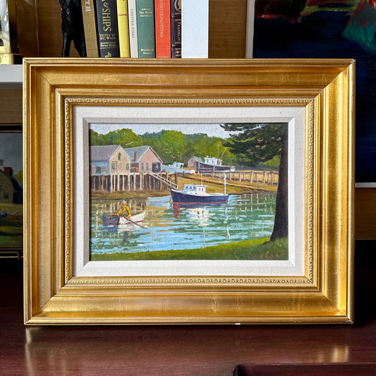 Robert Gordon Working Harbor East Boothbay Maine Yellow Jacket Fisherman Oil Painting in Gold Frame