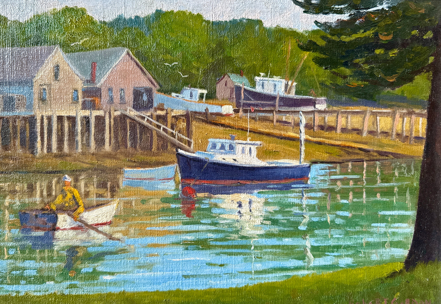 Robert Gordon Working Harbor East Boothbay Maine Yellow Jacket Fisherman Oil Painting in Gold Frame