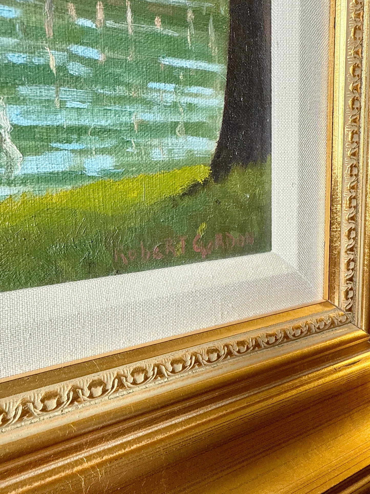 Robert Gordon Working Harbor East Boothbay Maine Yellow Jacket Fisherman Oil Painting in Gold Frame