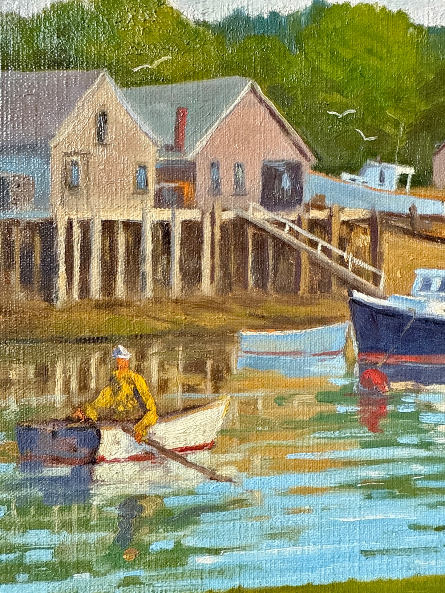 Robert Gordon Working Harbor East Boothbay Maine Yellow Jacket Fisherman Oil Painting in Gold Frame